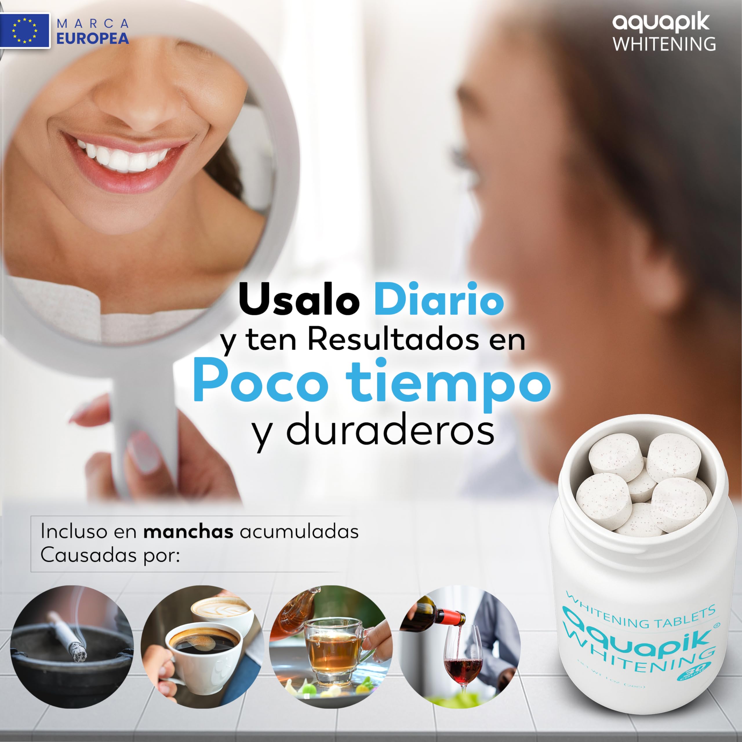 Kit Sbiancante Aquapik® WHITENING | 30 Compresse Sbiancanti + Beccuccio per Idropulsore Dentale | Compatibile con Aquapik 100, Advanced e Pro | Denti Più Bianchi | Alito Fresco