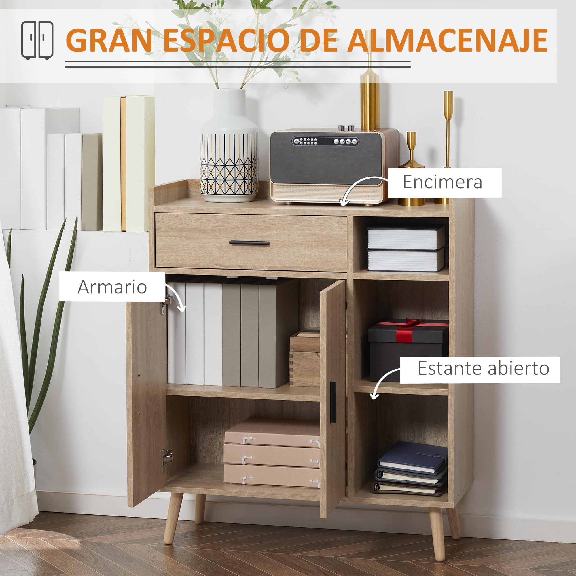 HOMCOM Aparador de Salón Moderno Mueble Auxiliar 80x30x96,5 cm Natural | 2 Puertas, 1 Cajón, 3 Estantes Abiertos, Almacenaje, para Cocina Dormitorio Entrada, Antivuelco