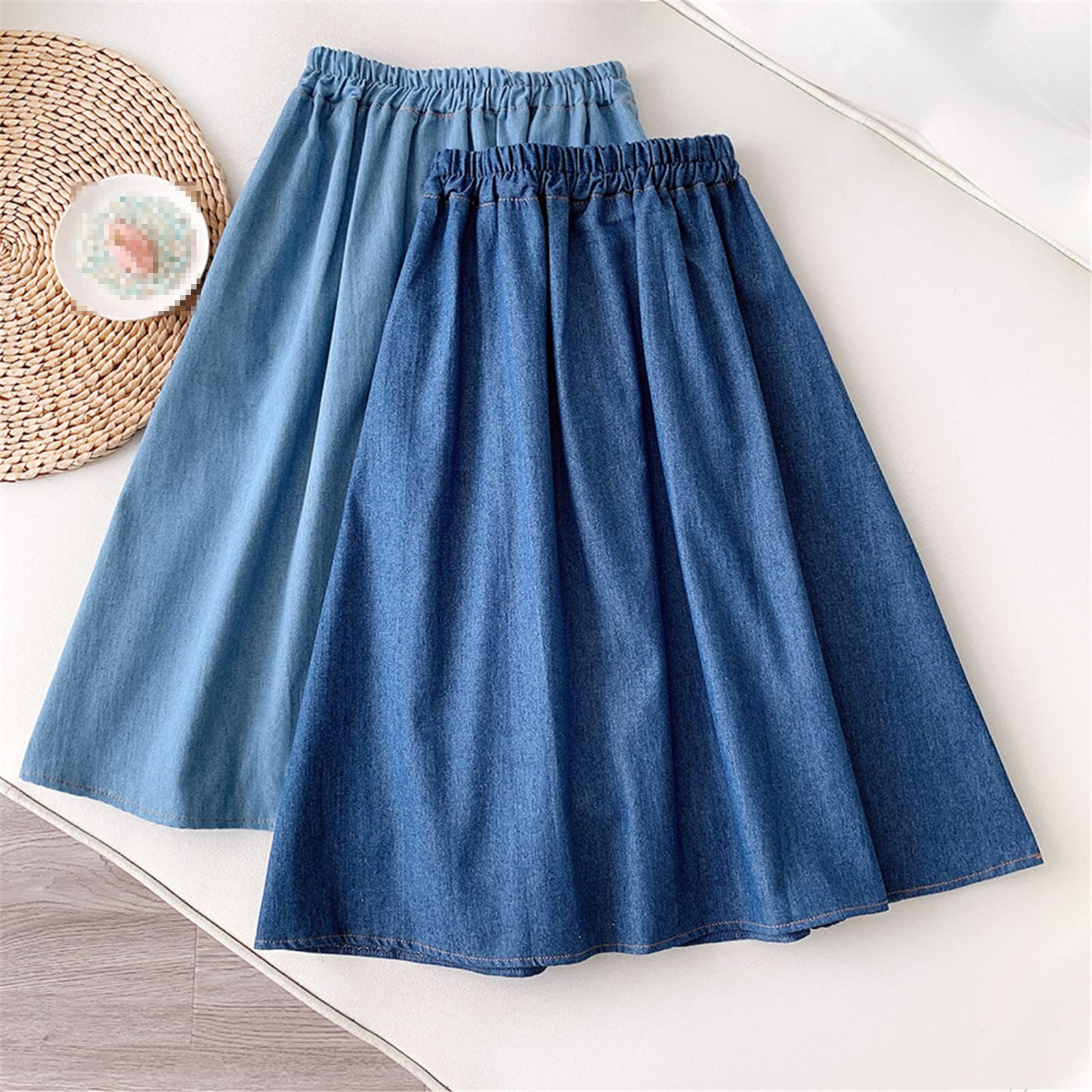 Gonna da donna estiva in denim vintage, linea ad A, a vita alta, lunghezza al ginocchio, con tasca