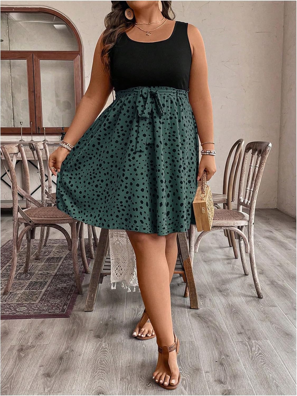 SOLY HUX Women's Plus Size Polka Dots Sleeveless Summer Tank Dress Belted Vacation Beach Flowy Short Dresses - Image 5