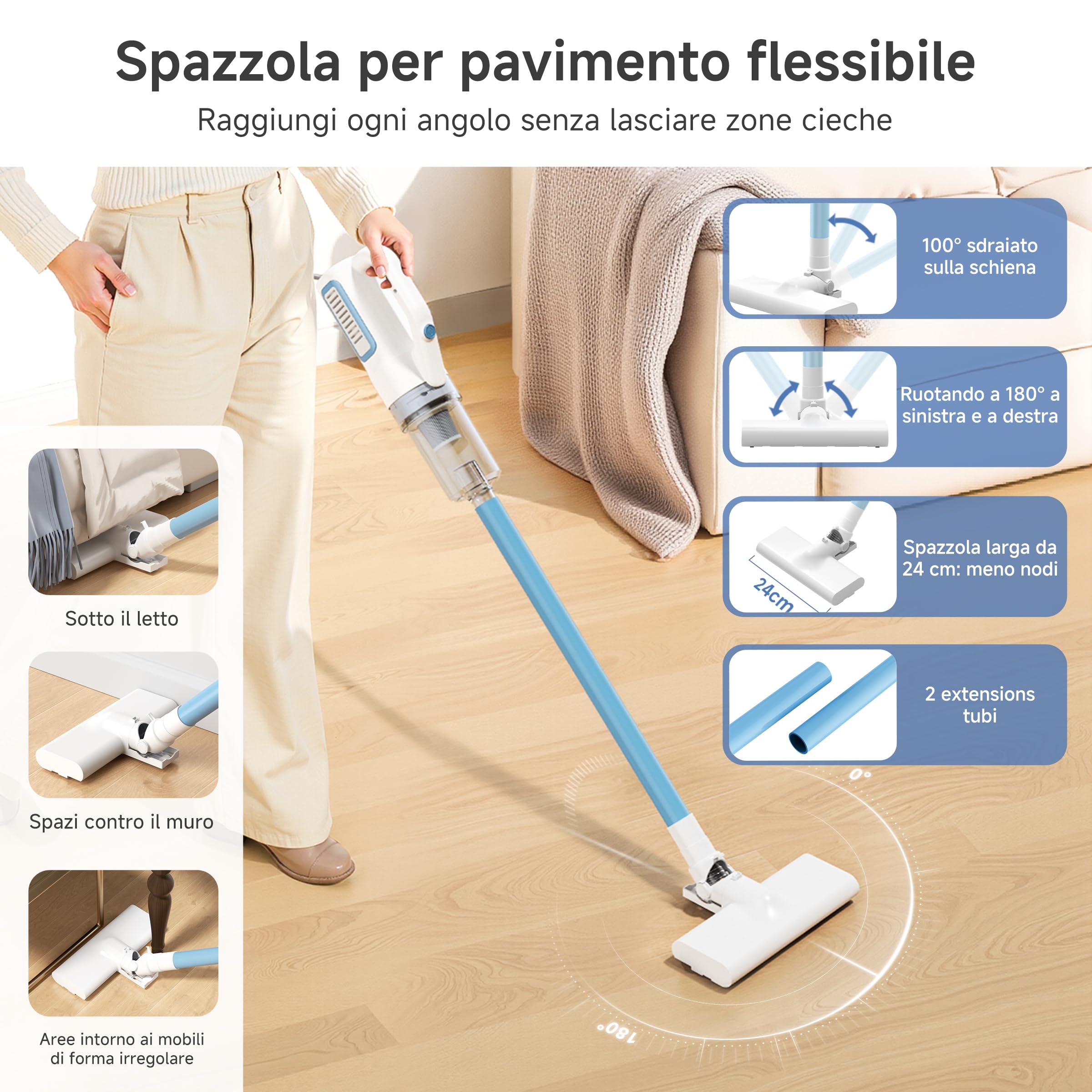 SIMPLUS Aspirapolvere 9 in 1 con cavo, 500 W, 16 KPa, aspirapolvere a mano e a mano, leggero da 1 kg, HEPA F8, cavo da 4 m, senza sacchetto, per pavimenti duri, tappeti, peli di animali (bianco)