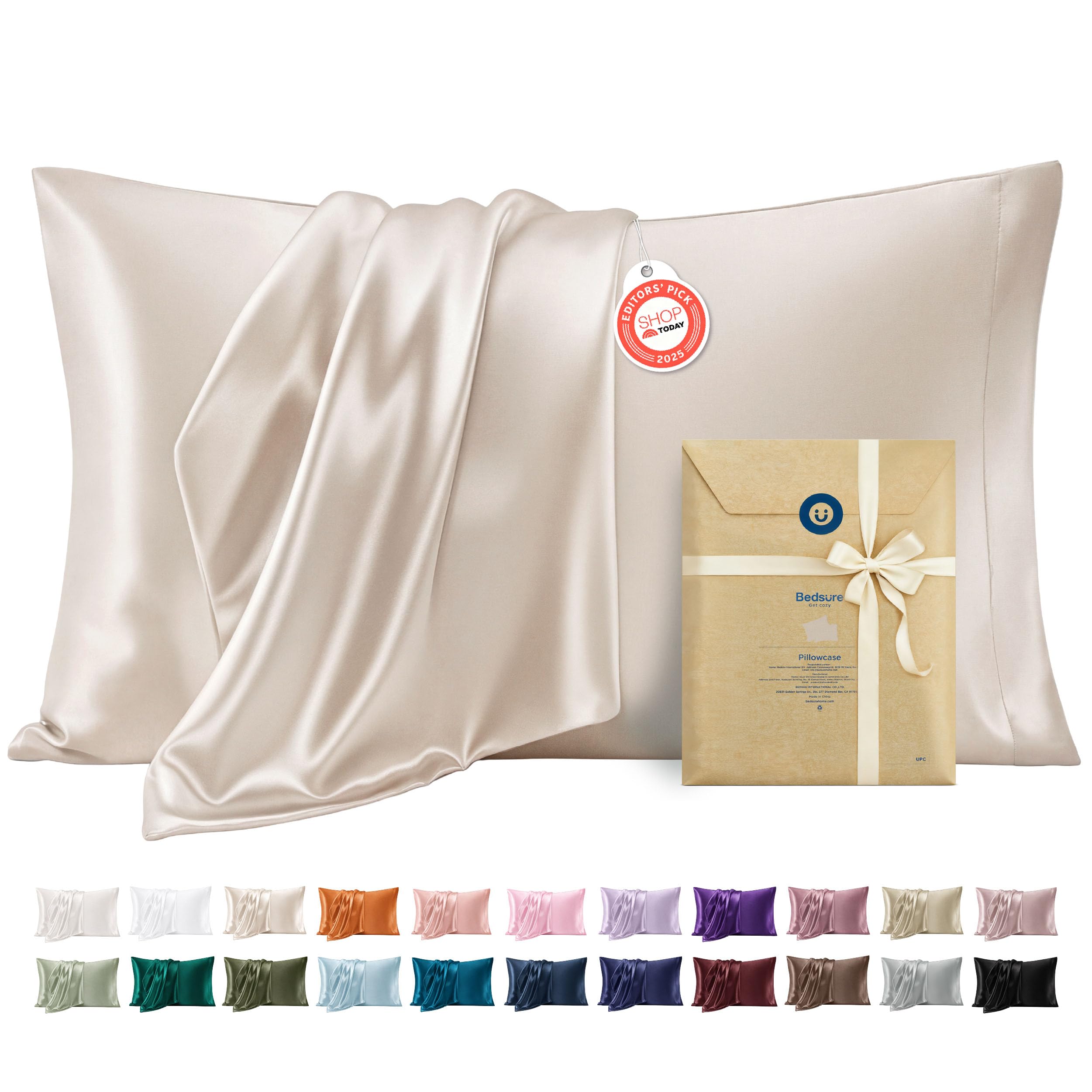 Bedsure Satin Pillowcases King Set of 2, Similar to Silk Pillow Cases Beige