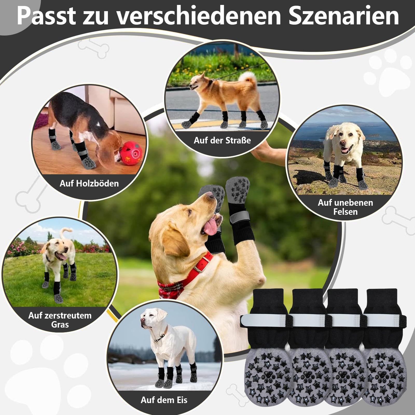 Lot de 2 paires de chaussettes antidérapantes pour chien - Protection des pattes de chien - Protection contre la chaleur - Avec fermeture réglable et bande réfléchissante - Contrôle complet de