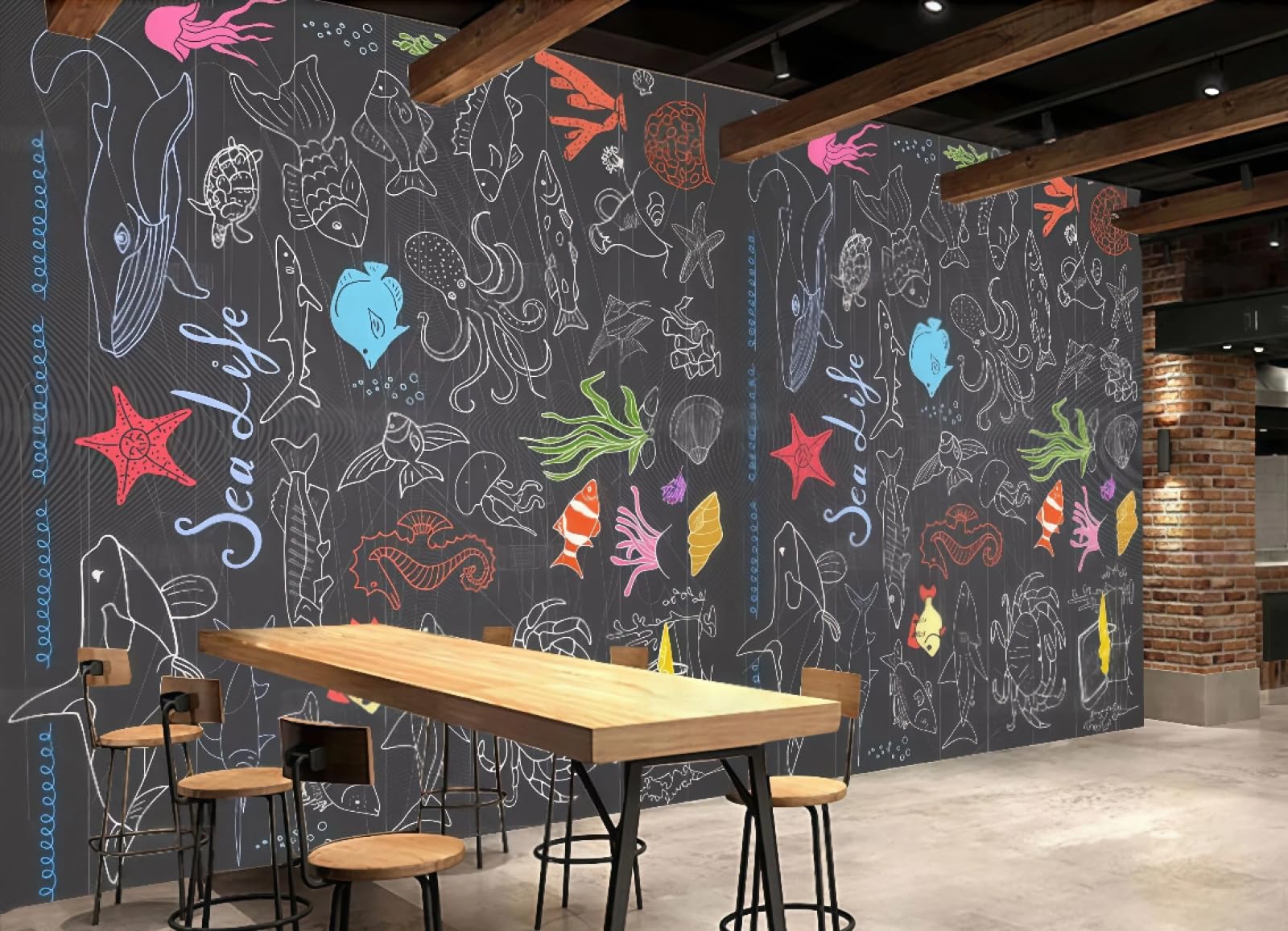 Tapeta czarny obraz ręcznie malowane owoce morza restauracja gastronomiczna popołudniowa herbata codzienne przekąski napoje tło ściana zachodnia restauracja fototapeta kawiarnia, 3D, 430x30