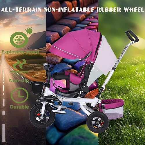 Miniatura 2 de Triciclo para niños, cochecito de triciclo, cochecito para niños, triciclo 4 en 1, triciclo plegable para niños con asa de empuje, toldo extraíble,