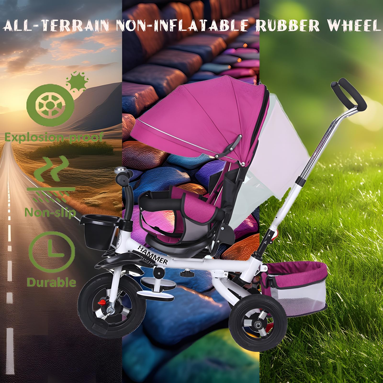 Kids Tricycle, 4 in 1 Kids Trike, Folding Tricycle Stroller with Push Handle, Removable Canopy, Rotatable Seat, Rubber Wheels, White+Khaki