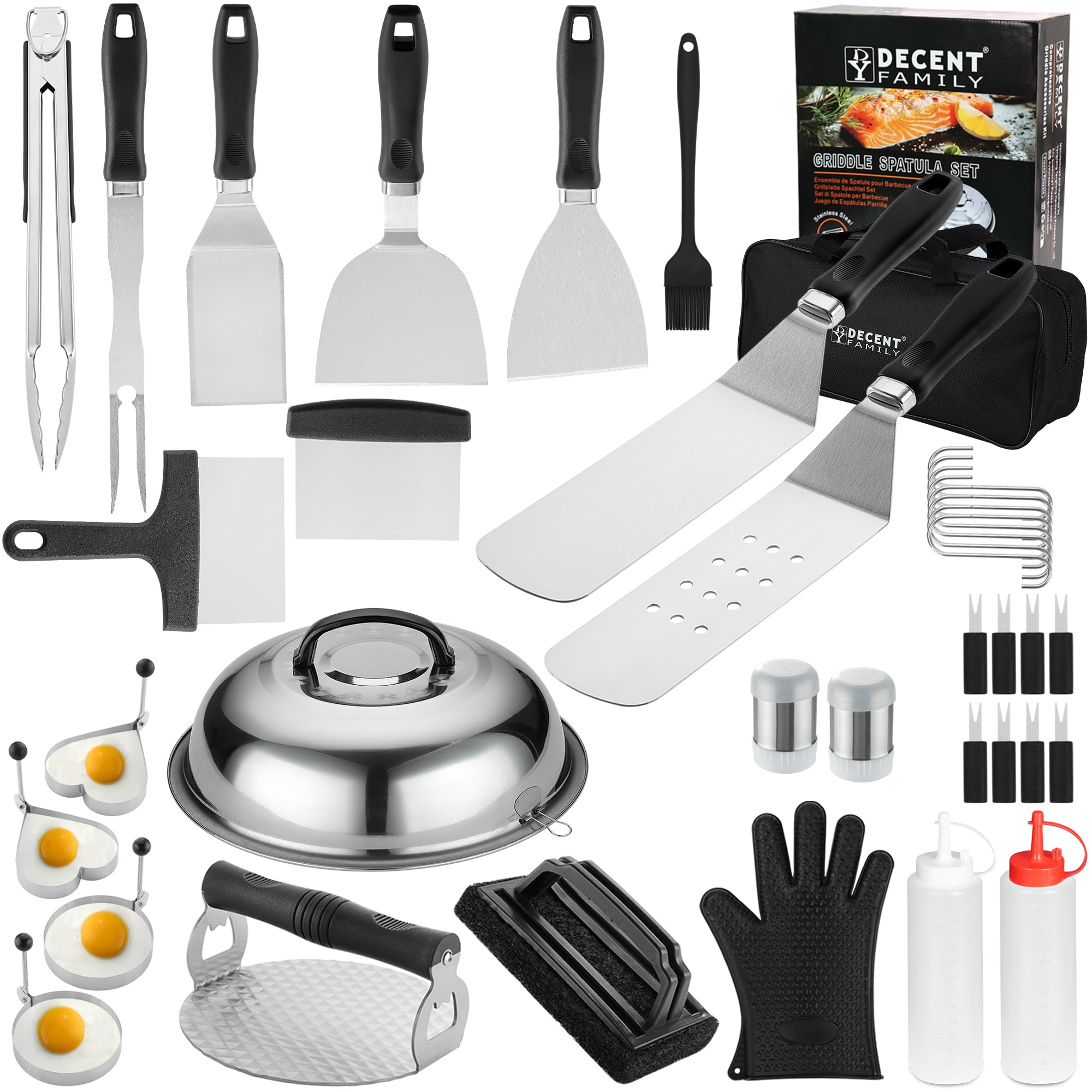 DY DECENT FAMILY Griddle Accessories Kit, 39PCS Flat Top Grill Accessories Set with Basting Cover, Spatula, Scraper, Burger Press, Tongs, Cleaning Kit