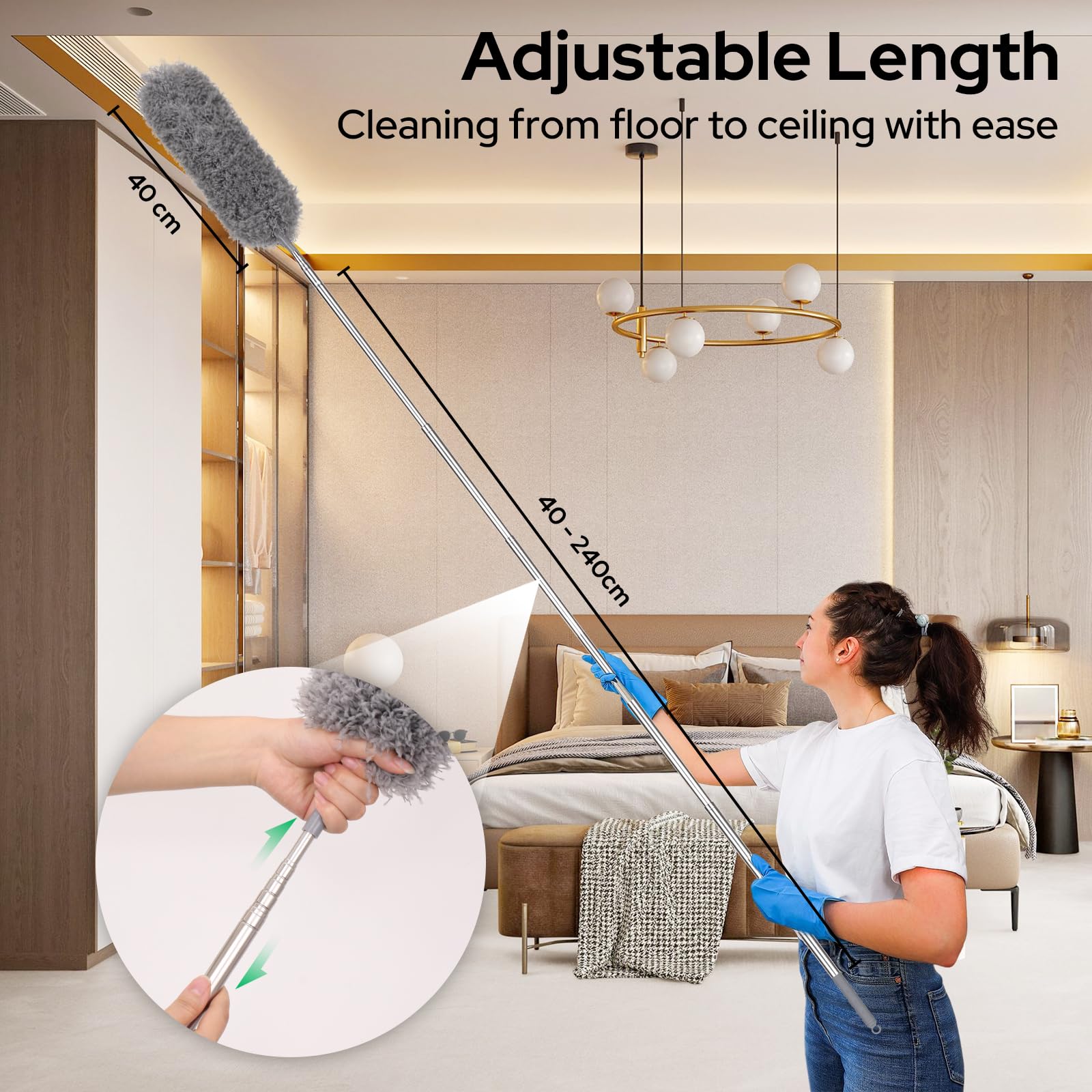 Plumero Atrapapolvo, Plumero Extensible hasta 280 cm, [Atrae el Polvo y Lavable] Plumero Microfibra con Cepillo para Limpiar Ranuras, para Techos, Coches, Limpieza del Hogar