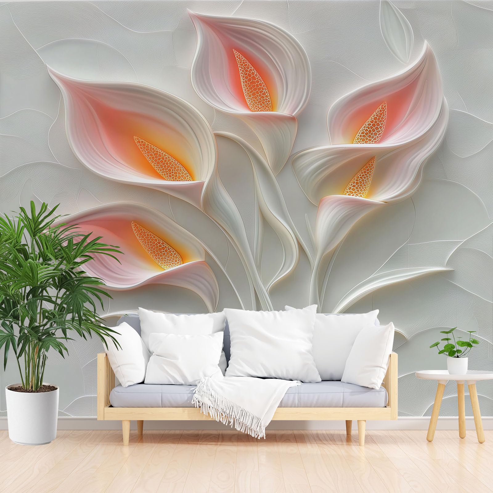 Papier peint panoramique 3D lys en relief floral blanc salon 300x210