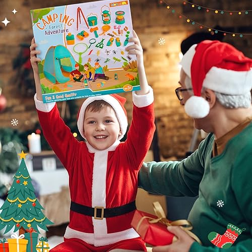 Vista 6 de Meland Juego de campamento para niños con tienda de campaña, juguetes para niños con fogata, juguetes de campamento para niños en interiores