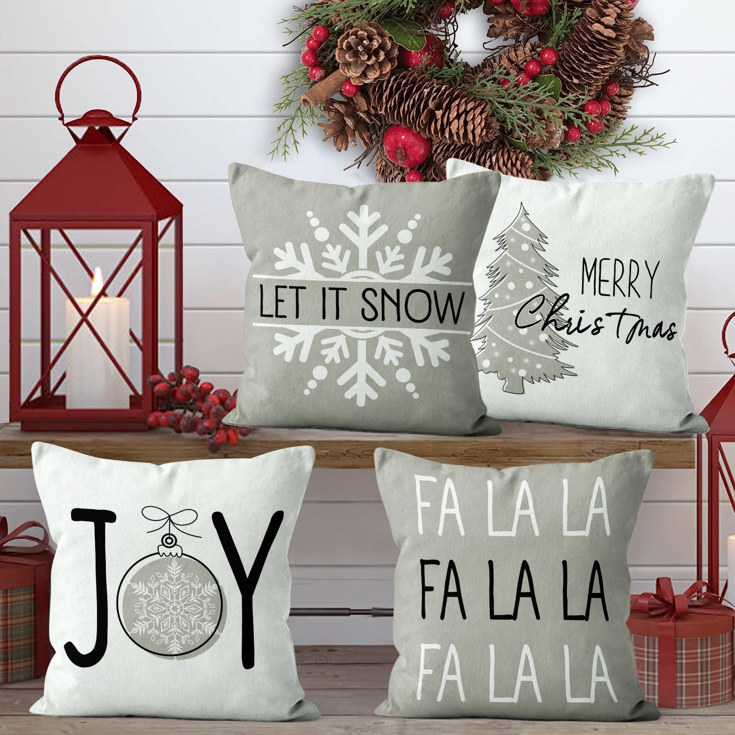 QIFU Kerst Kussenslopen Set van 4 - Winter Grijs Wit Sneeuwpop Xmas Kussenslopen 45 * 45, Linnen Sneeuwvlok Kussenslopen Voor Woonkamer Bank Slaapkamer Kerstdecoraties Indoor Home Decor