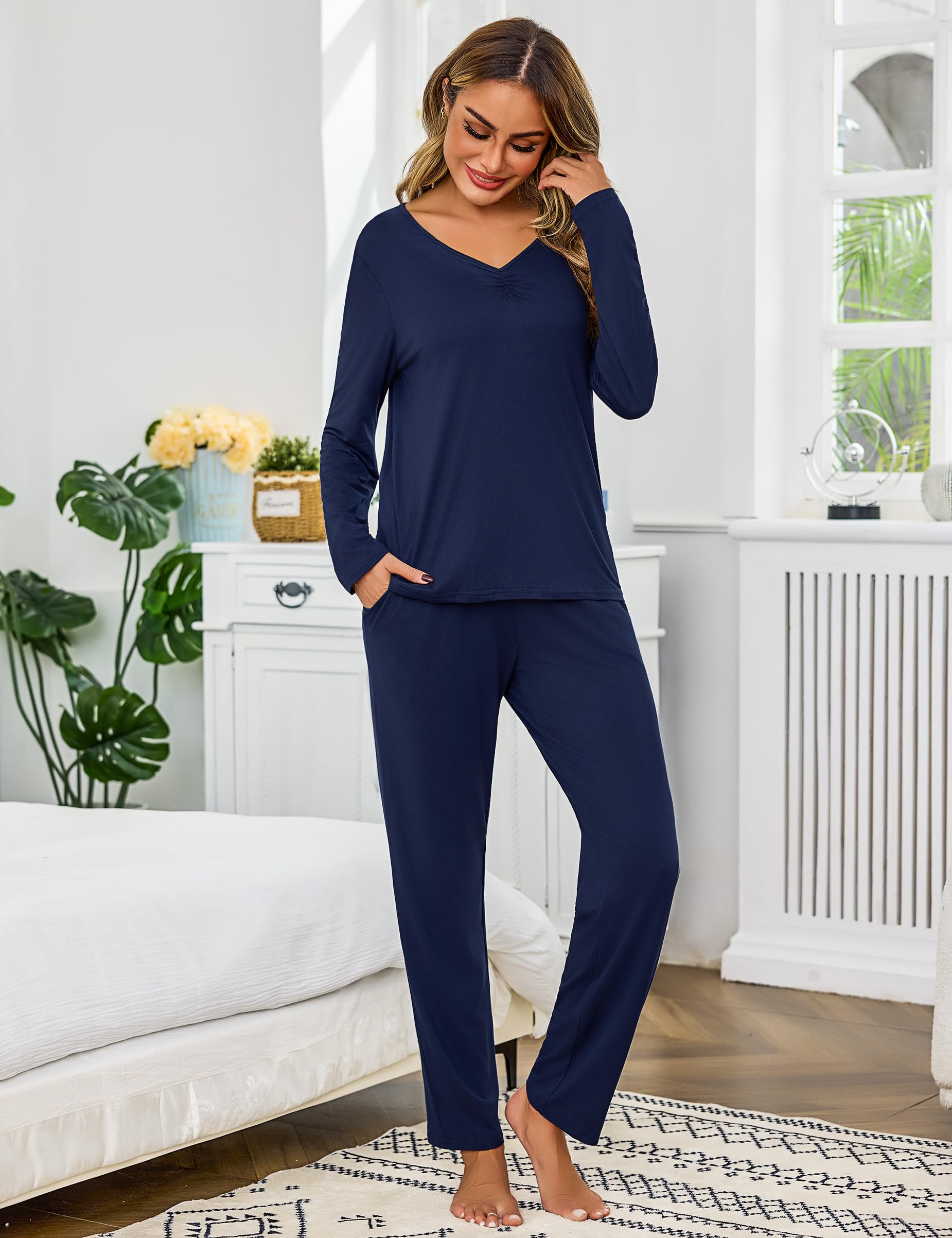 Bresdk Pigiama Donna Invernale Caldo Cotone Lungo Maglia a Maniche Lunghe con Scollo a V e Pantaloni Lunghi Abbigliamento da Casa