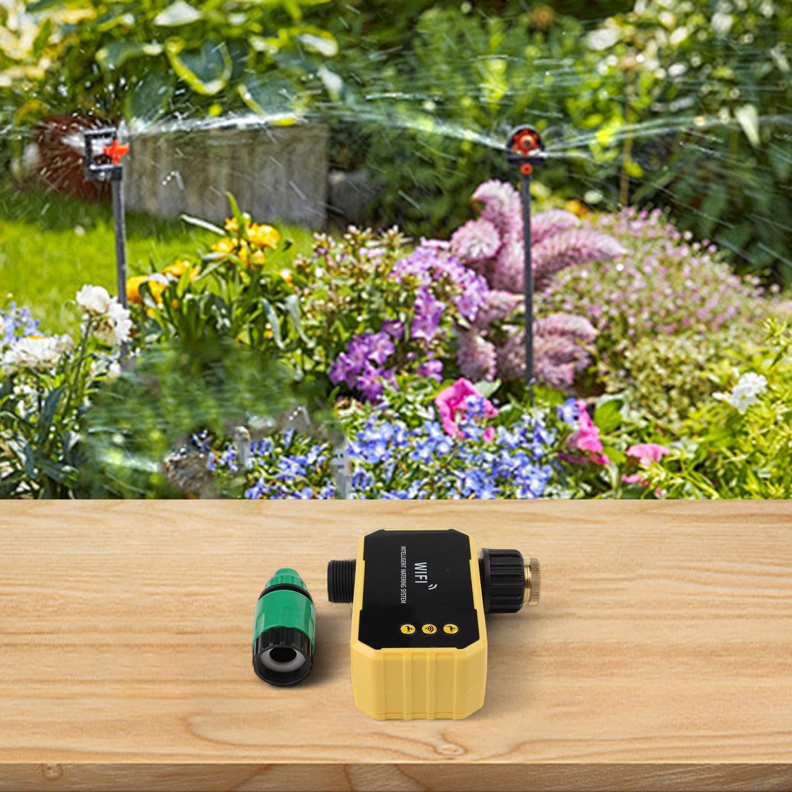 Timer per irrigazione a energia solare, controllo intelligente tramite app WiFi, sistema di irrigazione automatico con sensore pioggia, backup USB, programma personalizzato per prato (1 presa)