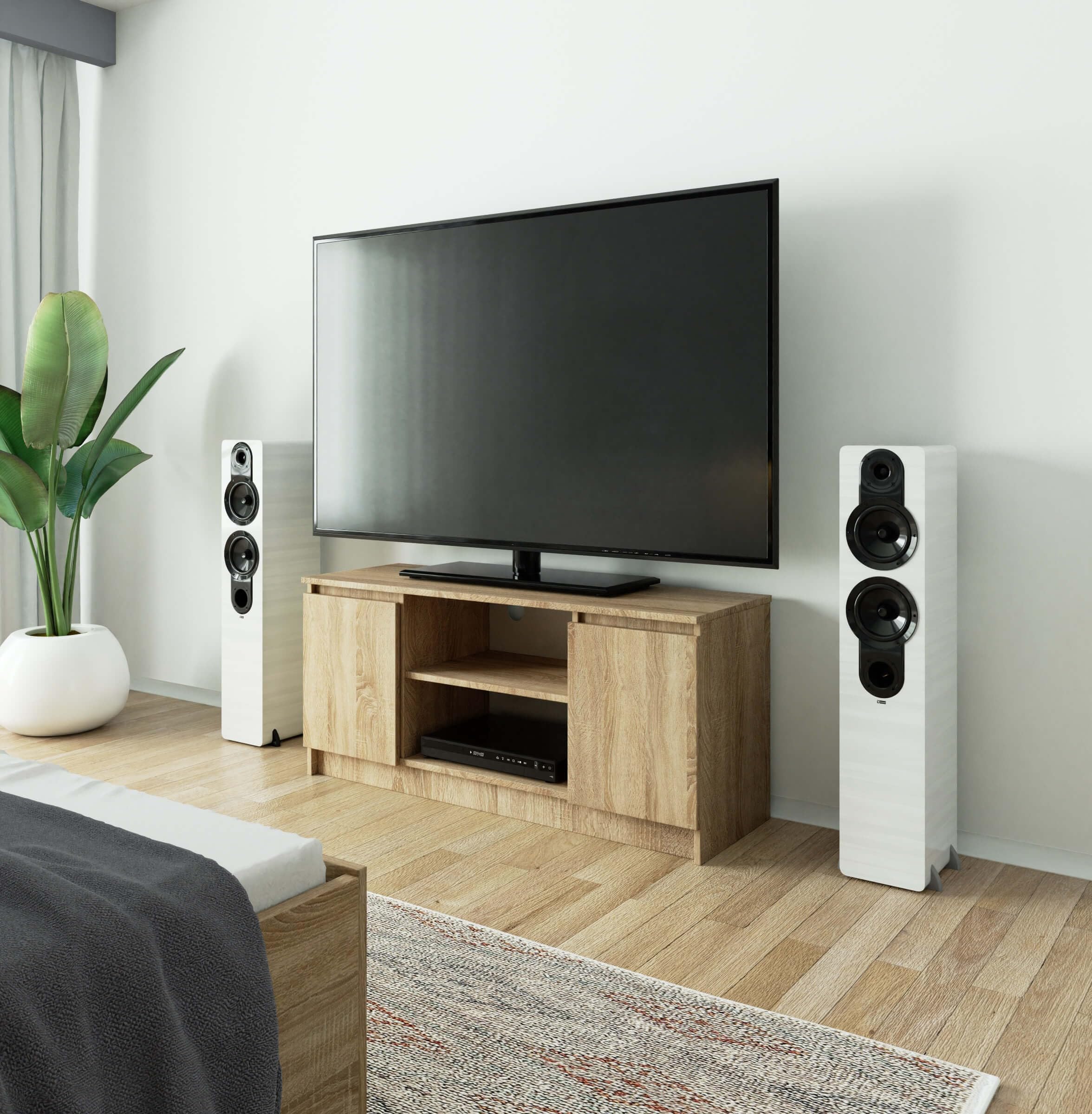 AKORD Lowboard K-120 | TV-Shrank mit EIN offenes Regalfach | Fernsehkommode 2 Ablagen mit Türen Links und rechts | H55 x B120 x T40 cm | Gewicht 30 kg | Sonoma Eiche