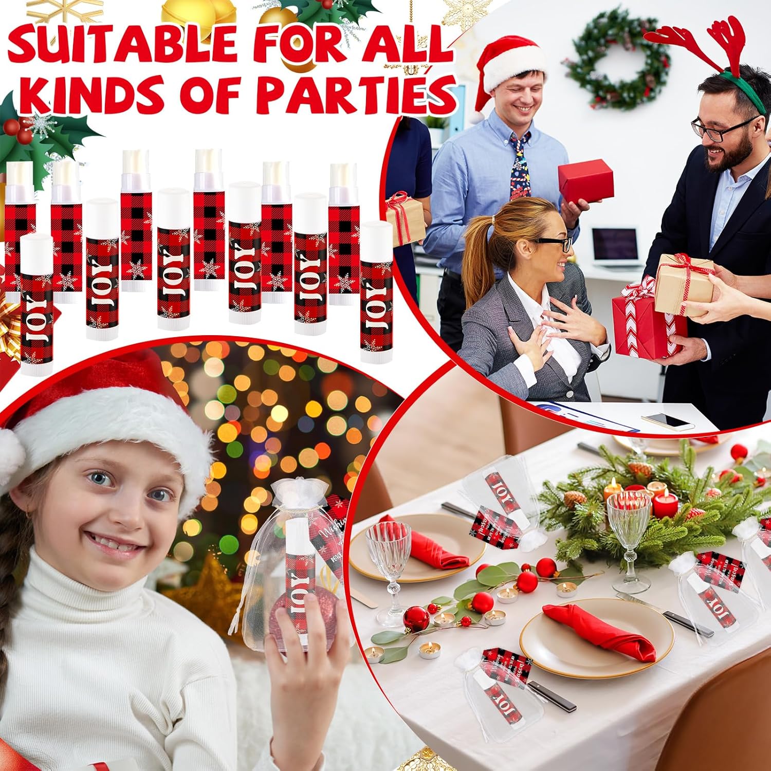 50 Pack Christmas Lip Balm Gift Bulk, Moisturizing Nourishing Lip Balm Appreciation Gift, Xmas Holiday Birthday Party Favors Stocking Stuffers for Women Men Coworker Teacher (Red&Black Buffalo Plaid)