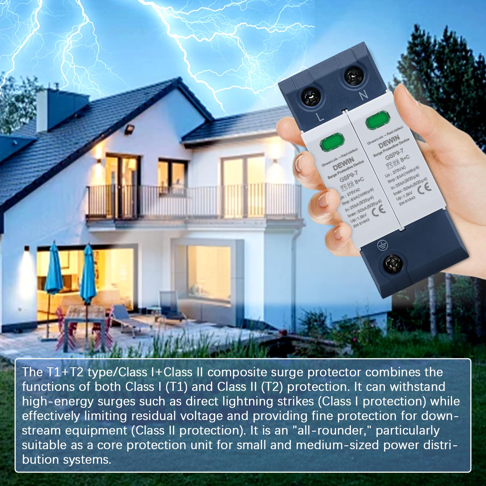 DEWIN Scaricatore di Sovratensione 2P AC 275V 25KA~50KA Dispositivo Protezione Fulmini Bassa Tensione