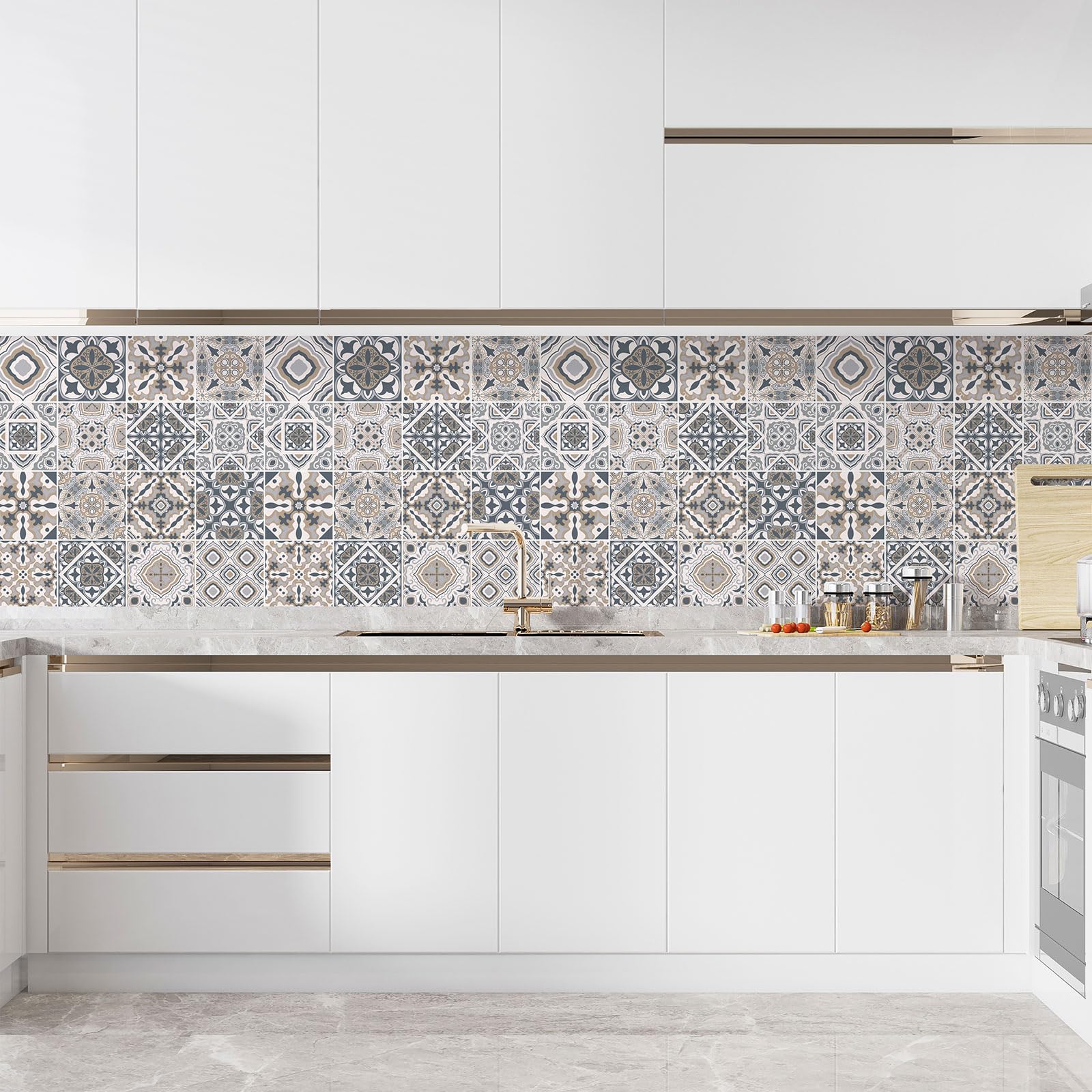 Lumalea Adesivo per cucina, effetto piastrelle di cemento, 3617681487975, adesivo + protezione opaca, 90 x 90 cm