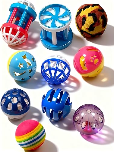 10 coloridas y resistentes bolas de juguete para gatos con campanas, divertido juego interactivo para todos los gatos y gatitos, varios estilos y
