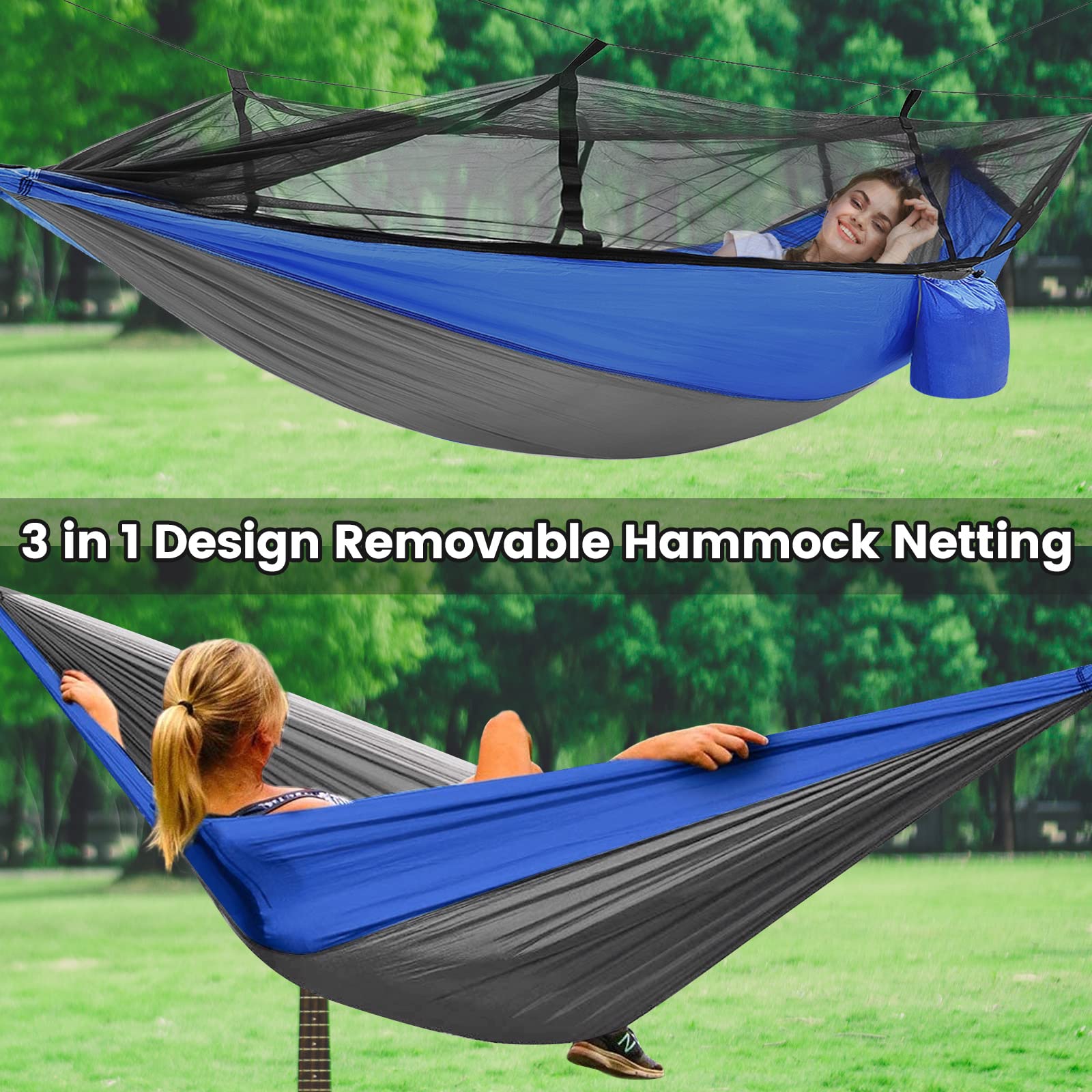 Amaca da campeggio con zanzariera, telo antipioggia e cinghie per alberi, portatile, in nylon resistente, con borsa per il trasporto, per campeggio, escursionismo, cortile, viaggi all'aperto (blu)