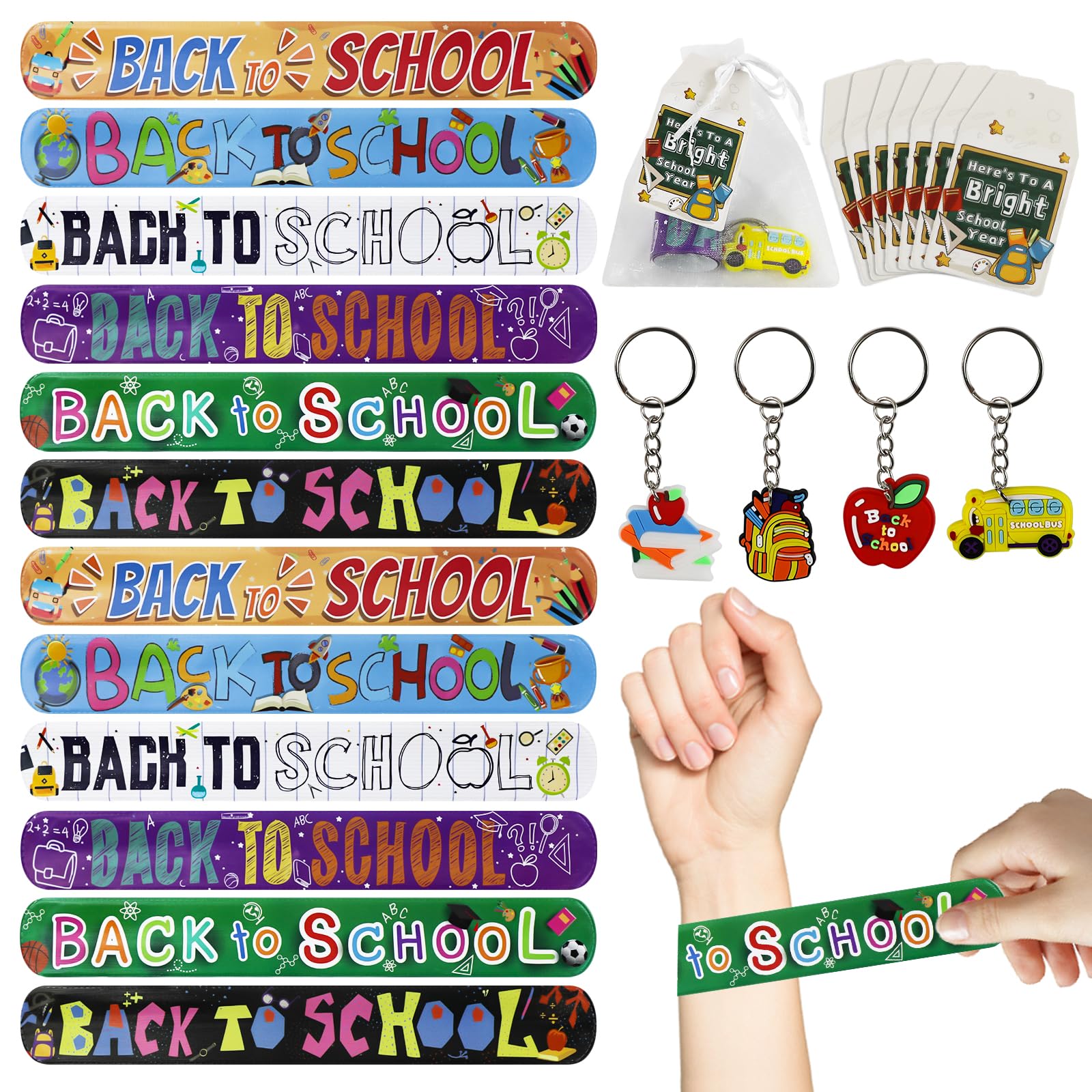 24 Set Back to School Gifts for Students, First Day of School Gift with Slap Bracelets & Keychains & Organza Bags & Greeting Cards, Classroom Gifts Goodie Bag Fillers Party Favors