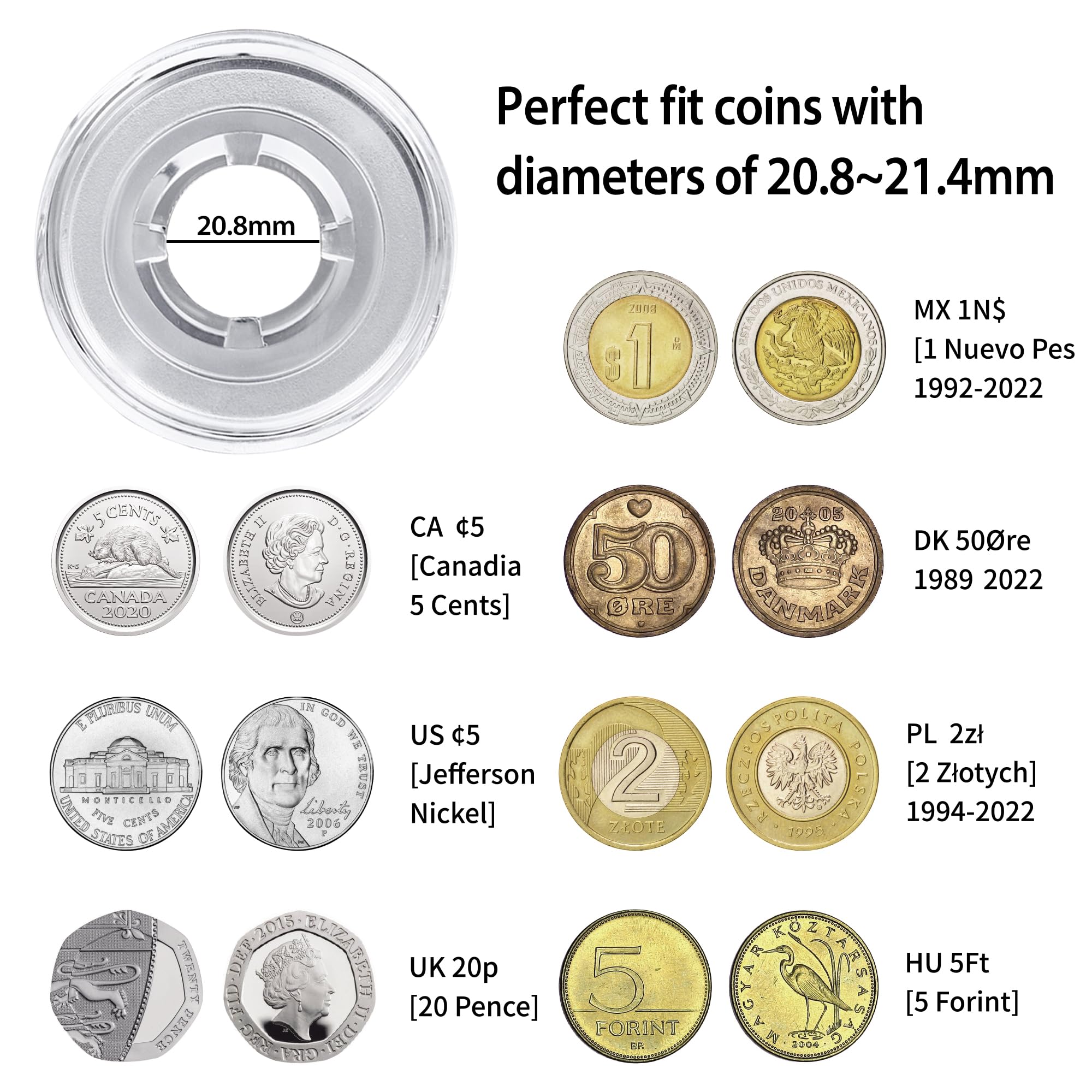 Uncle Paul Lot de 6 capsules de pièces de monnaie avec joints flottants de 21 mm – Support de rangement professionnel transparent pour pièces de monnaie de collection de centimes JC0121006