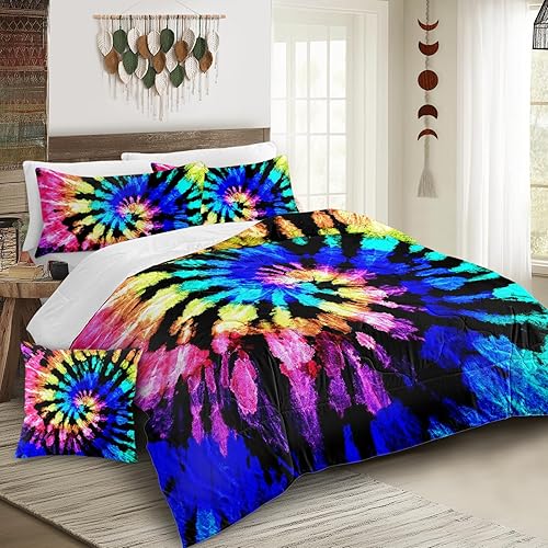 Sleepwish Colorful Tie Dye Comforter Set Queen Size for Kids Spiral Tie Dyed Printed Bedding Set 4 Piece Boho Hippie Bed Set