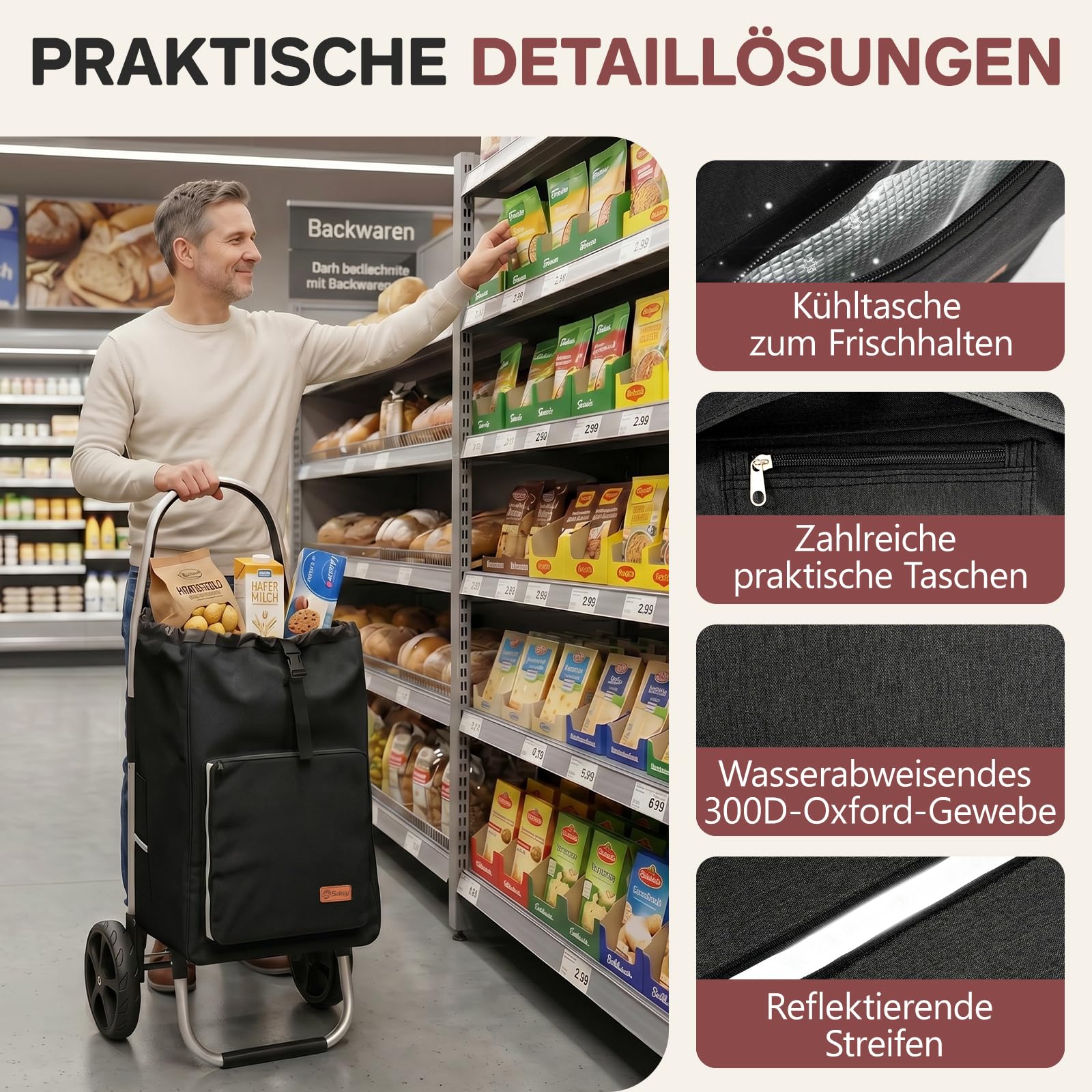 Sekey Einkaufstrolley klappbar, 50L Einkaufstasche mit Kühlfach, Aluminiumrahmen, Faltbarer Einkaufswagen, Shopping Trolley für Einkauf und Alltag, Schwarz