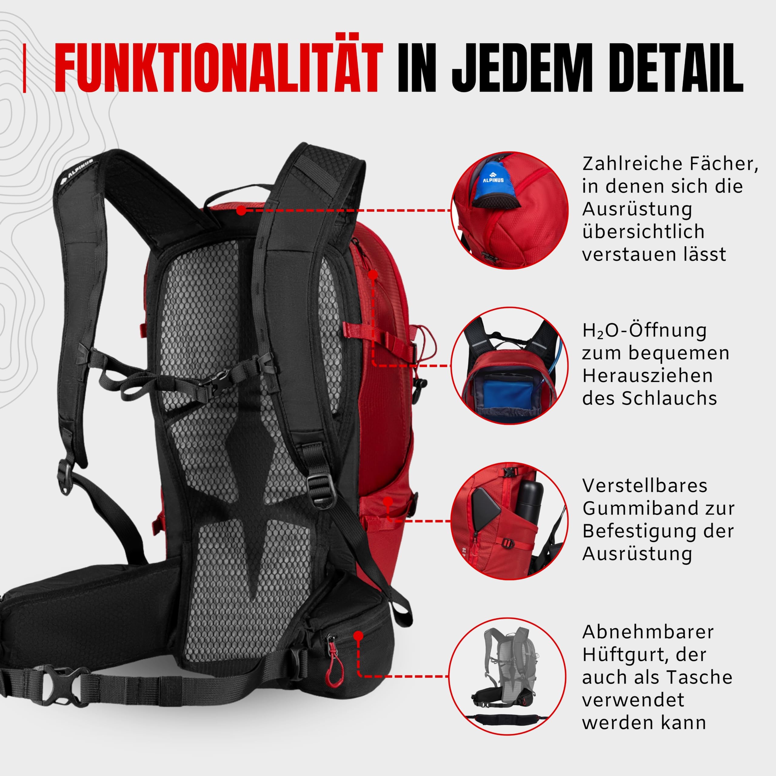 Alpinus - Negoiu 20L Plecak turystyczny, plecak sportowy i outdoorowy, trekkingowy z materiału odpornego na ścieranie, na jednodniowe wycieczki, plecaki turystyczne, ergonomiczny- ciemnoczerwony