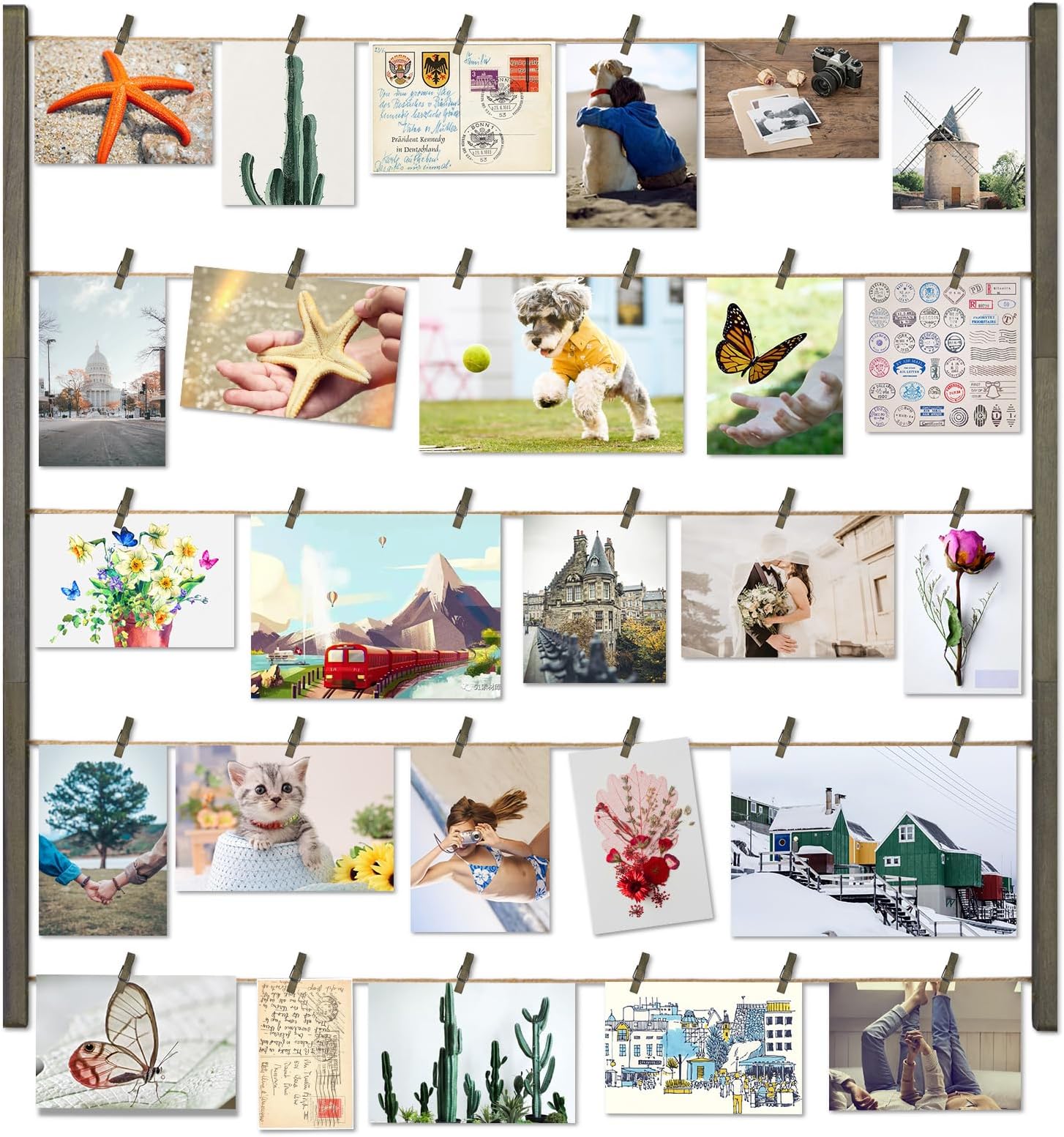 Love-KANKEI Wood Picture Photo Frame for Wall Decor 26×29 inch with 30 Clips and Adjustable Twines Collage Artworks Prints Multi Pictures Organizer and Hanging Display Frames Gift Weathered Grey