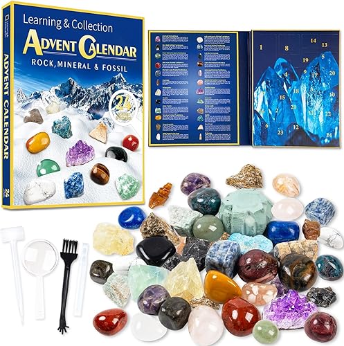 Rock Collection - Juego de calendario de Adviento 2023, 24 piezas de piedras preciosas, minerales y fósiles, calendario de cuenta regresiva de