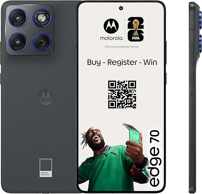 Motorola Edge 70 Smartphone (Robustes 6,67"-pOLED-Display mit Gorilla Glass 7i, 50-MP-Kamera, 12-512 GB, Wasser- und hitzebeständig, 68W-TurboPower-Aufladen), Pantone Gadget Gray, inkl. Magnetcover