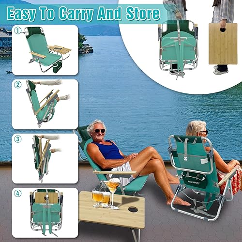Miniatura 7 de Mochila plegable de playa, paquete de 2 unidades, de aluminio, 5 posiciones, con mesa de bambú para campamento, silla de descanso plana para