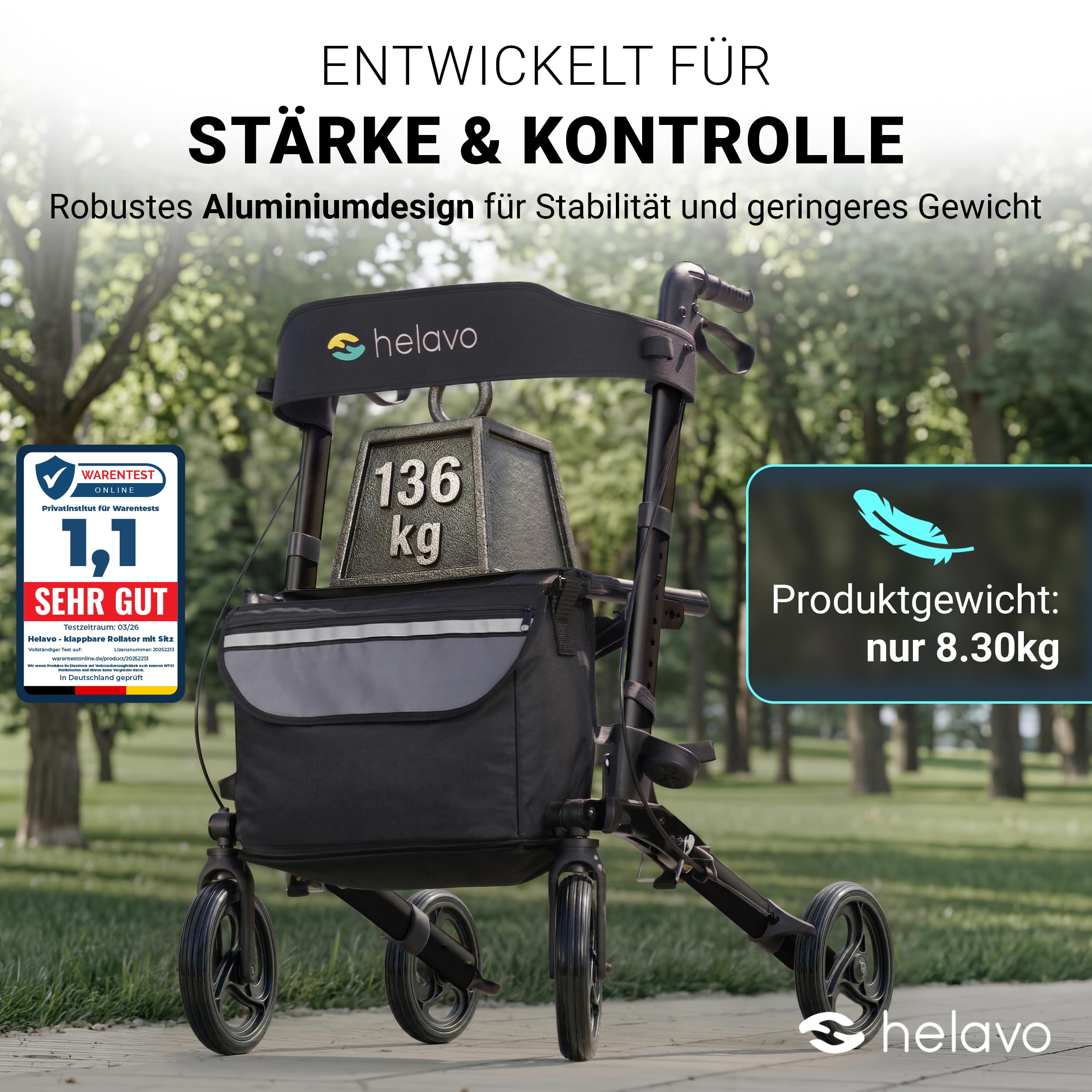 Helavo faltbarer Rollator mit Sitz - Leicht & Kompakt für Drinnen & Draußen | Kompakt zusammenklappbarer Aluminium-Rollator mit Transporttasche - Nur 8,3 kg leicht - Höhenverstellbare Griffe