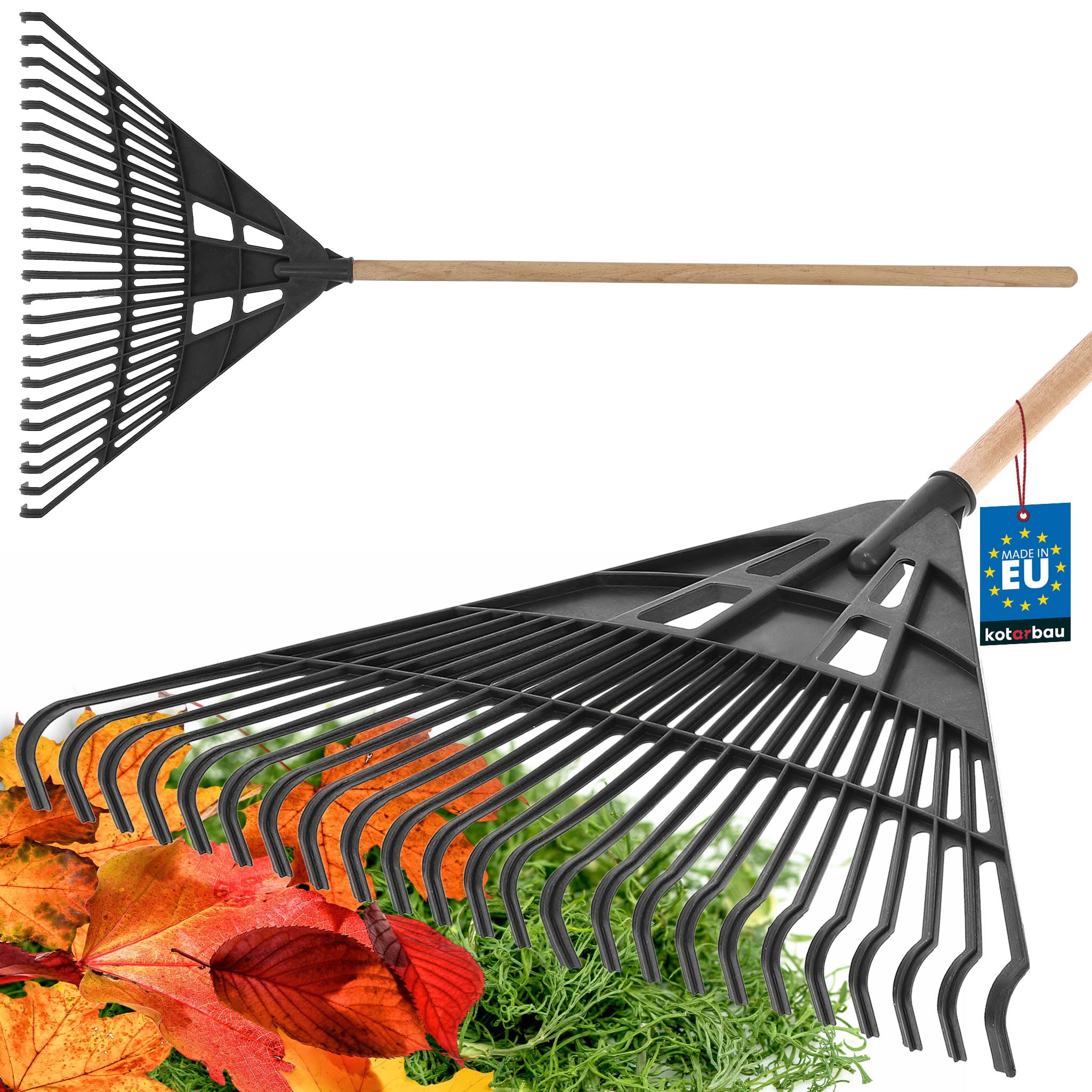 KOTARBAU® Plastic Leaf Rake - 61 cm - Garden Rake with Wooden Handle - 100 cm - Rake for Autumn Leaves & Hedge Cutting - Fan Rake for Hay - Leaf Rake - Plastic - Black