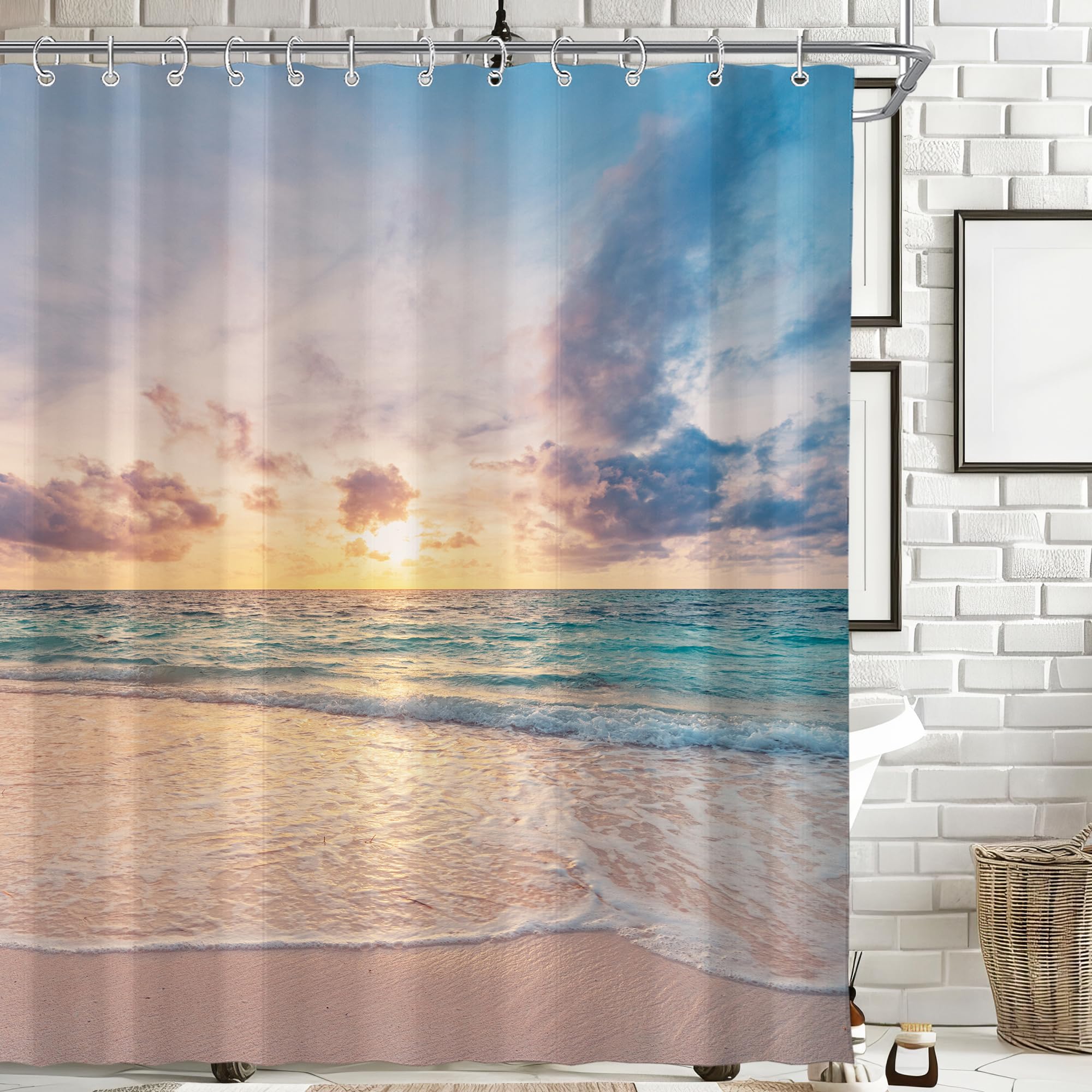 Visioun Ocean Beach Coastal Sea Scene Shower Curtain for Bathroom 72W*72H Inch Seaside Nautical Summer Sunset Sunrise Beachy Bathtub Decor Waves