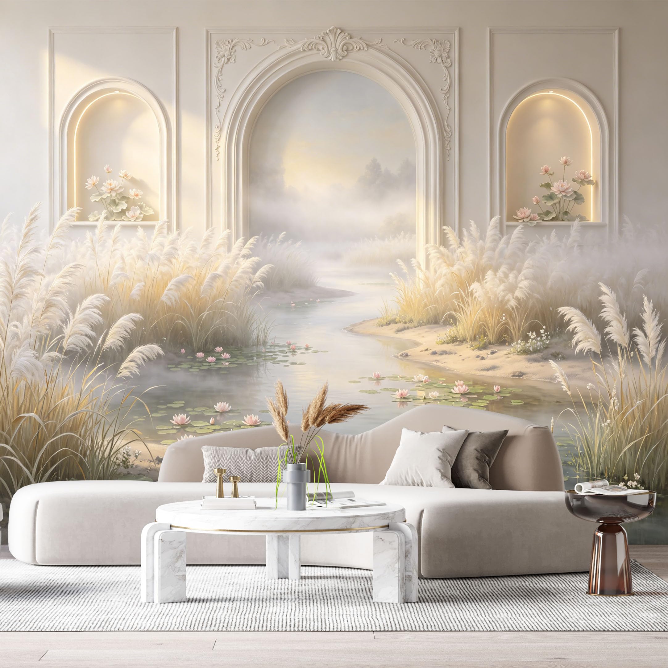 Custom Size Wall Murals Neoclassical Arch Pond Lotus Water Lily 3D Trompe L'Oeil SelfAdhesiveWall Fabric Removable Wallpaper Wall Decor for Living Room Bedroom Bathroom