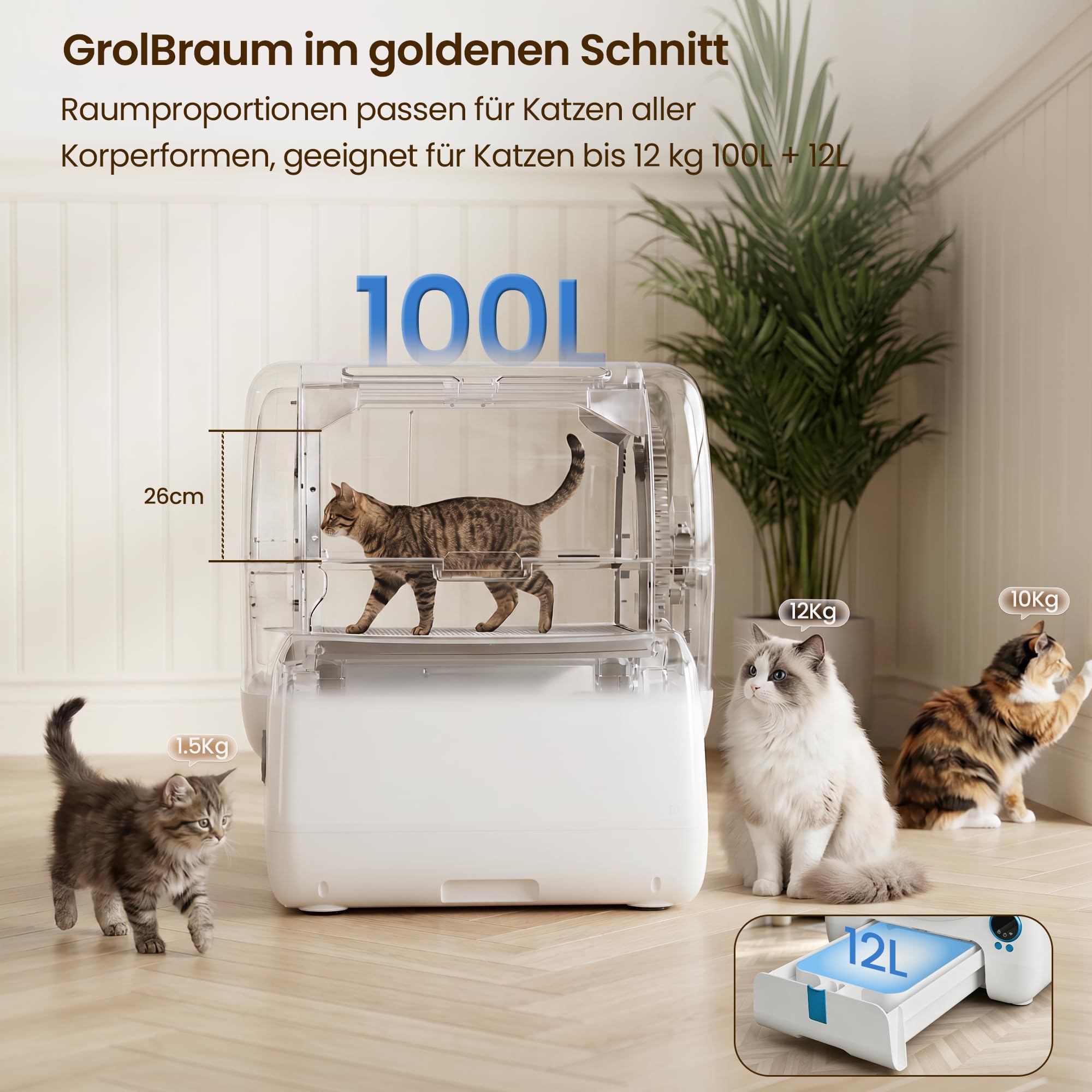 JUMMICO Katzenklo Selbstreinigend XXXL, Automatische Katzentoilette mit 100L Innenraum, 12L Fäkalienbehälter, APP-Steuerung, Luftvorhang & 10 Sicherheitssensoren für mehrere Katzen