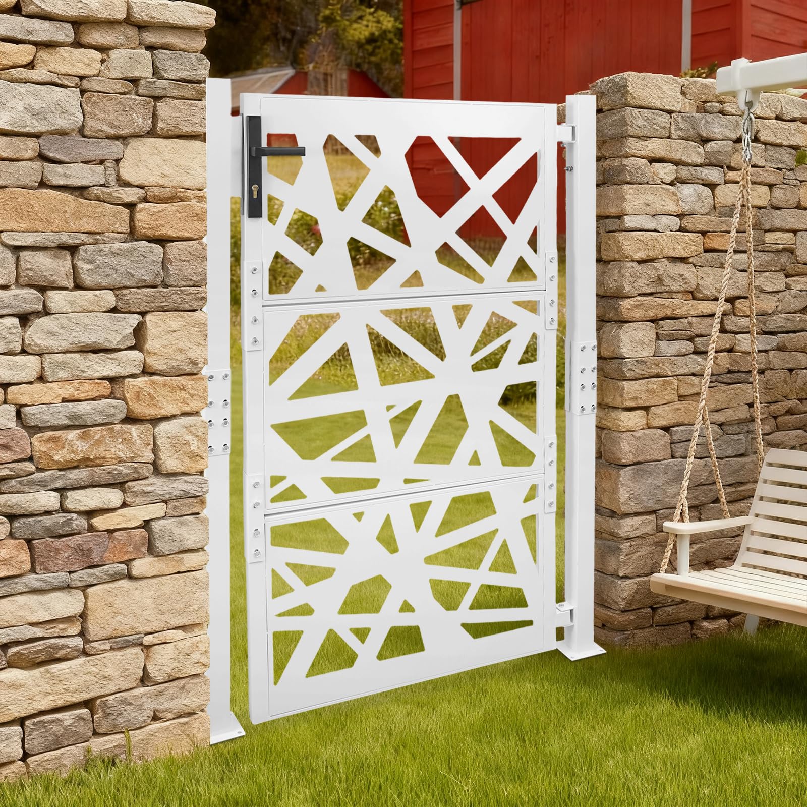 Cancello da giardino in acciaio, con serratura a chiave, in metallo, per giardino, cortili, terrazze (bianco, 105 x 150 cm)