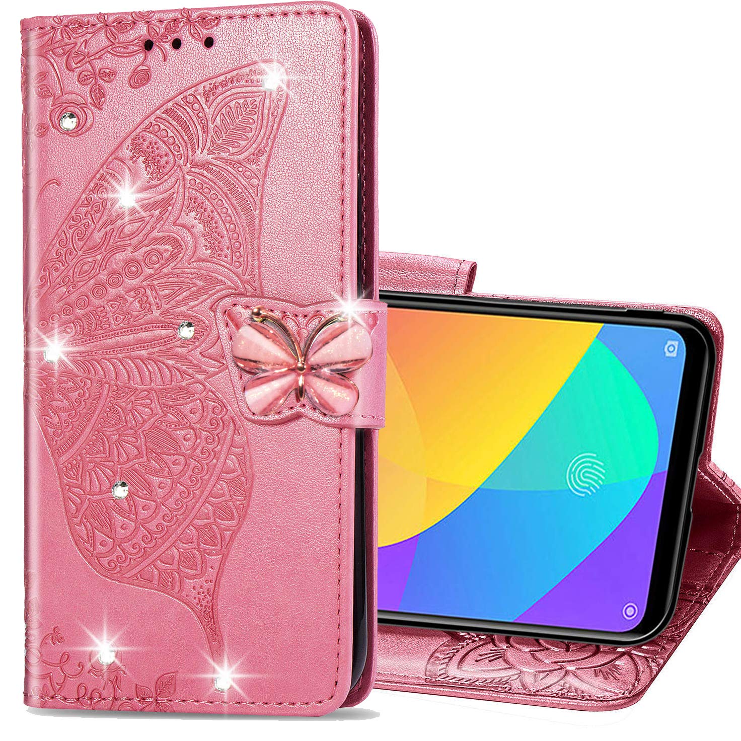 CCSmall for Samsung Galaxy A71 5G Wallet Case Bling for Women Girls, Floral Diamond Cute Butterfly PU Leather Flip Case Cover with Card Slot Holder for Samsung A71 5G Rhinestone Pink