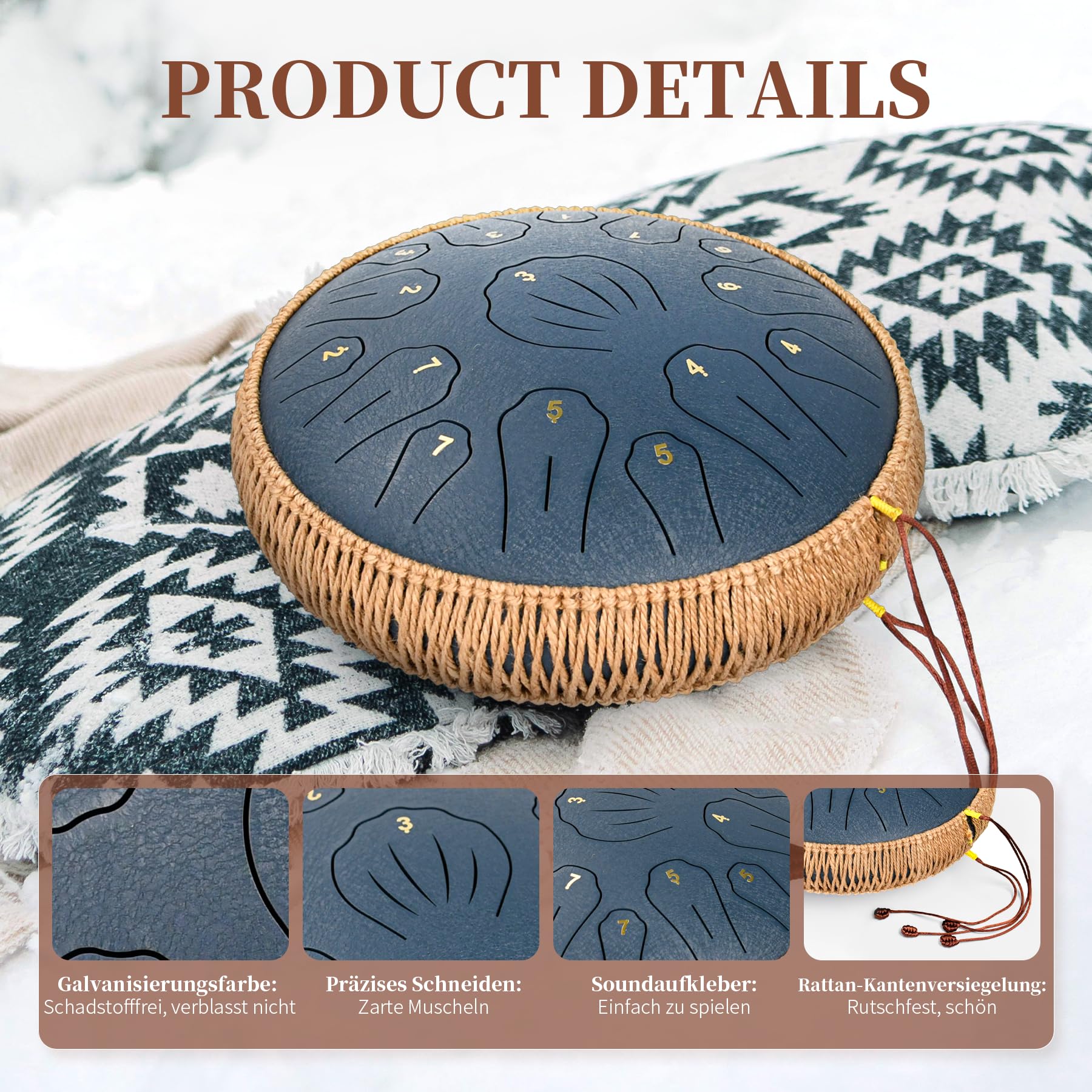 Steel Tongue Drum - 33 cm - Tambour à langue en acier à 15 tons - Instrument de musique à main pour adultes et enfants - Avec carnet de partitions, maillets et sac de transport - Do majeur - Bleu
