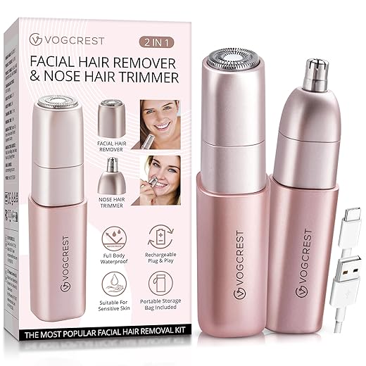 VG VOGCREST Facial - Nose Hair Remover Women: 2 in 1 Painless Electric Face Shaver and Nose Trimmer - Rechargeable Hair Removal Tool for Face Nose Ear Peach Fuzz Lips Chin