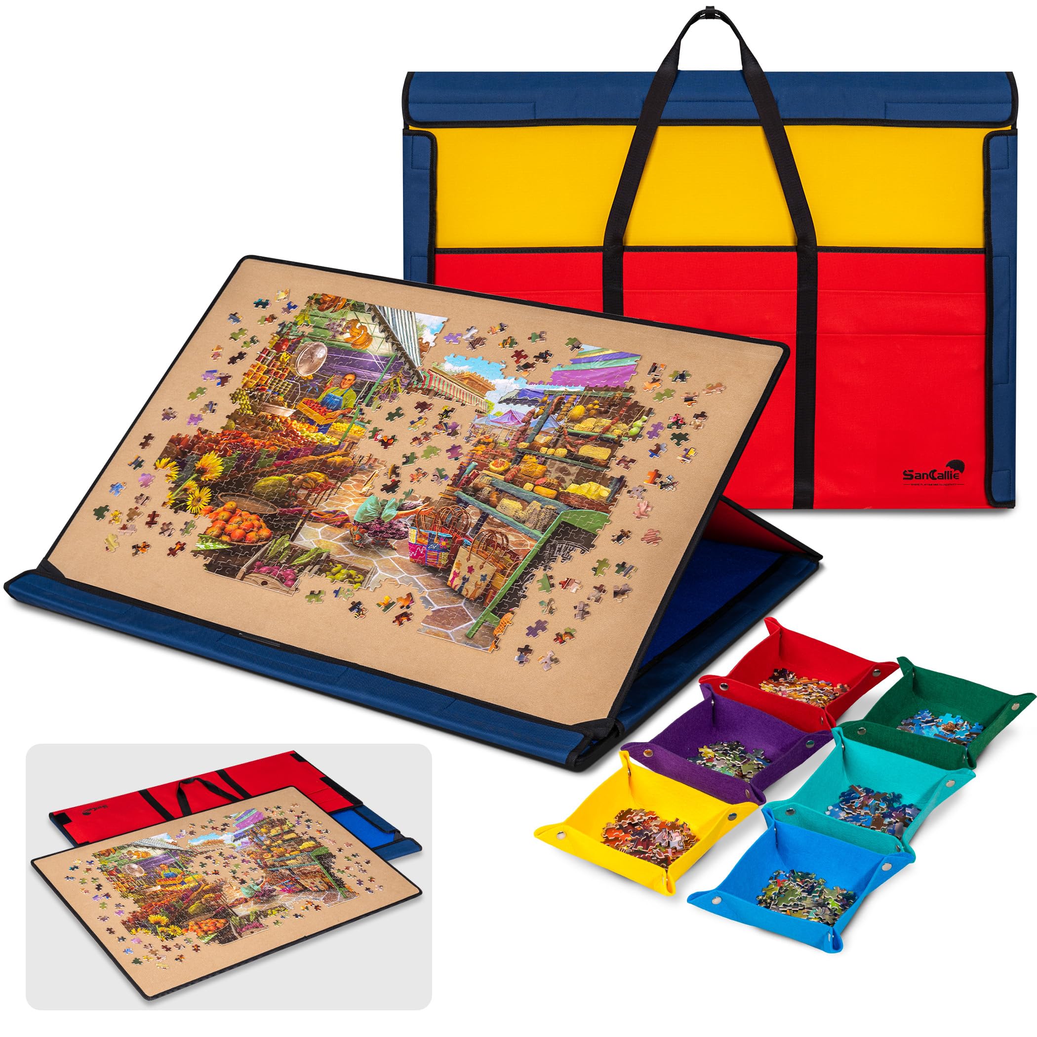 1500 pc Portable Jigsaw Puzzle Board, Stand for Adjustable Angle up to 30°, Detachable Jigsaw Board Design with 6 Felt Trays