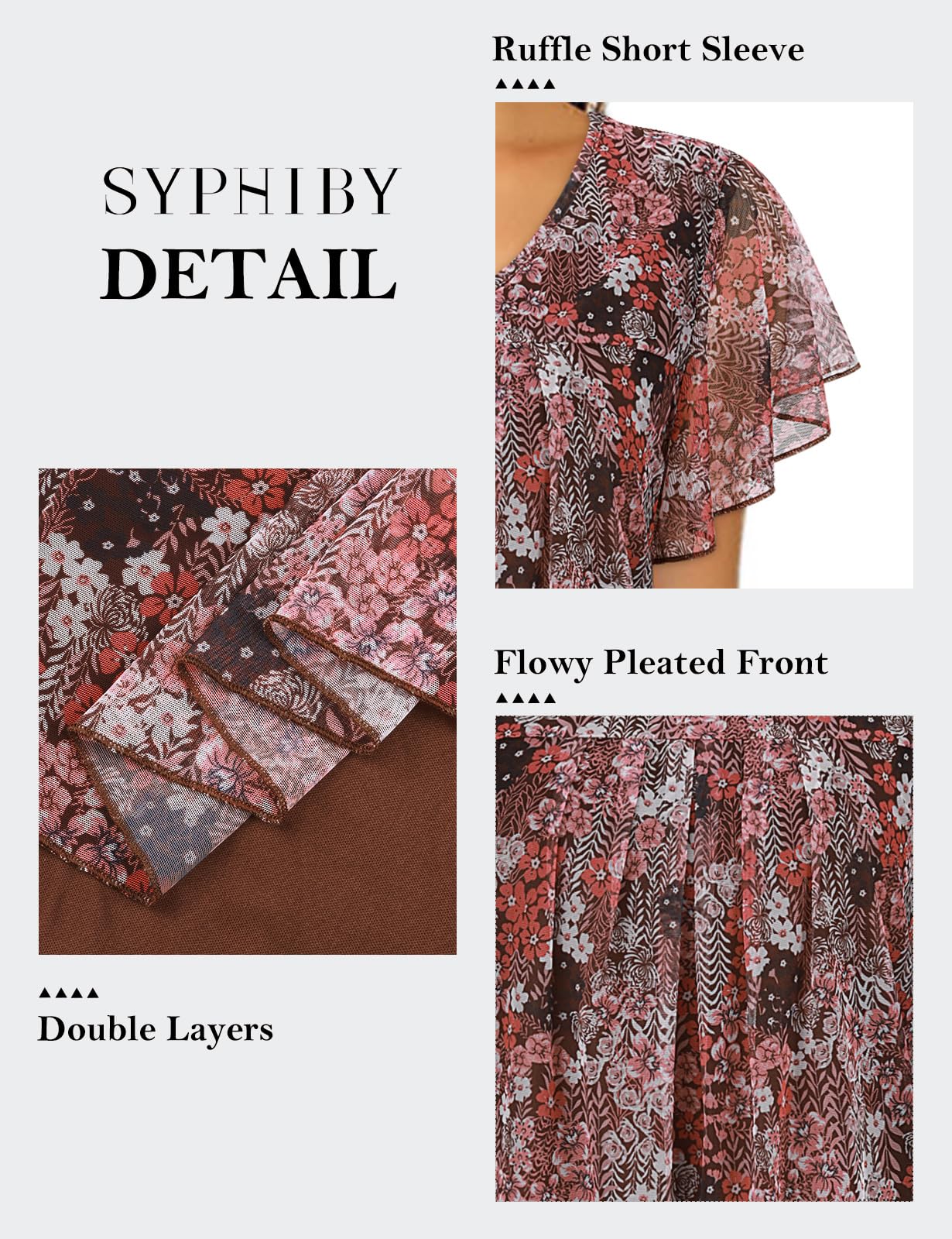 Syphiby Top da donna con scollo a V, top a maniche corte con volant, camicetta a tunica in rete