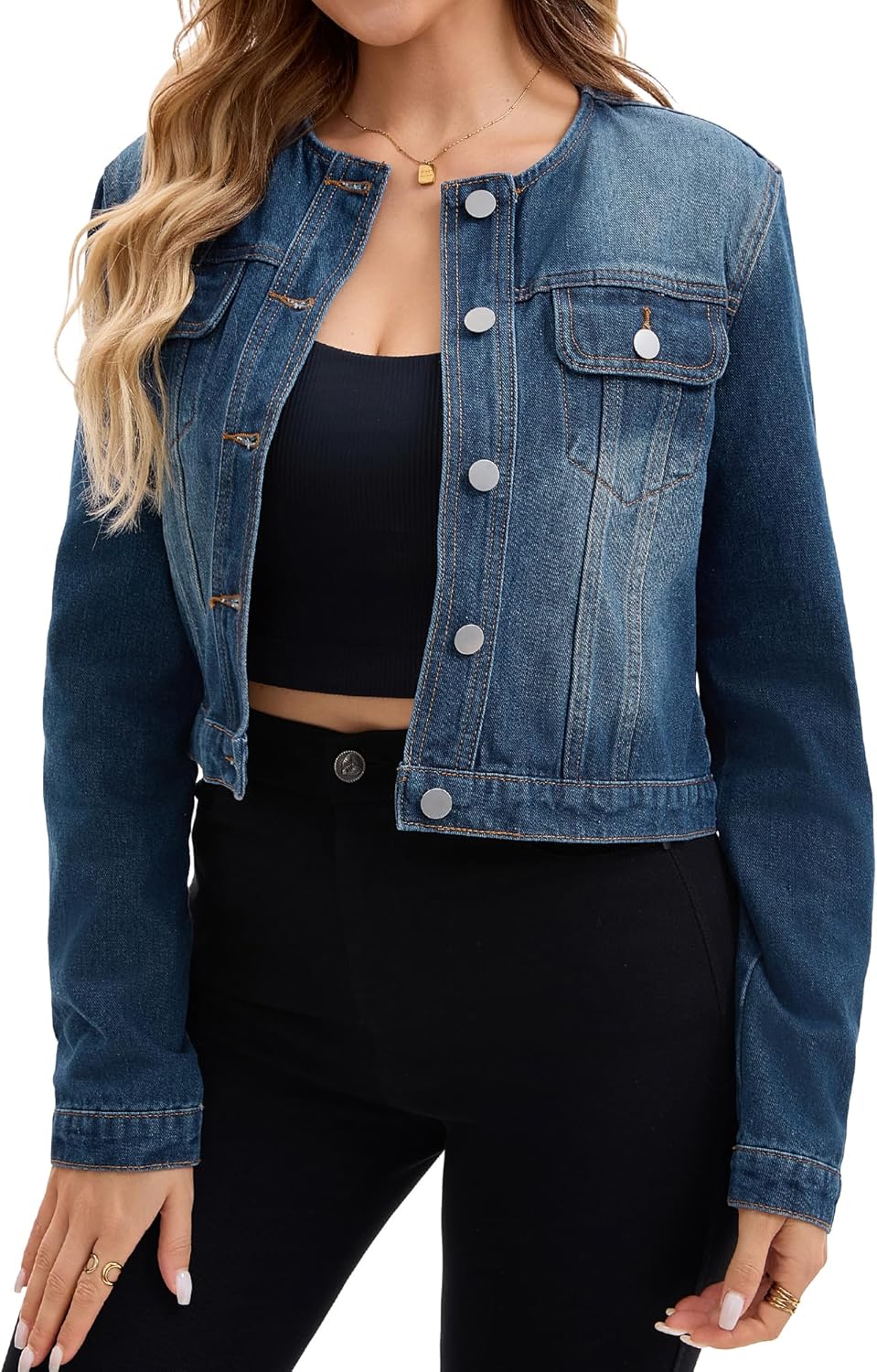 Women's Denim Jacket Collarless Button Down Western Long Sleeve Jean Jackets