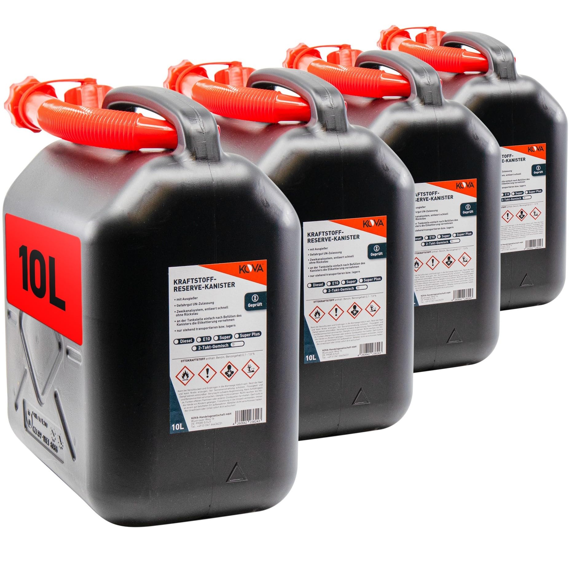 4x Benzinkanister 10L SCHWARZ Kunststoff Dieselkanister Reservekanister Kraftstoffkanister 10 L Liter Wasserkanister für Benzin Diesel Wasser AdBlue 10-Liter-Kanister & Außgießer 10 ltr Petrol Can