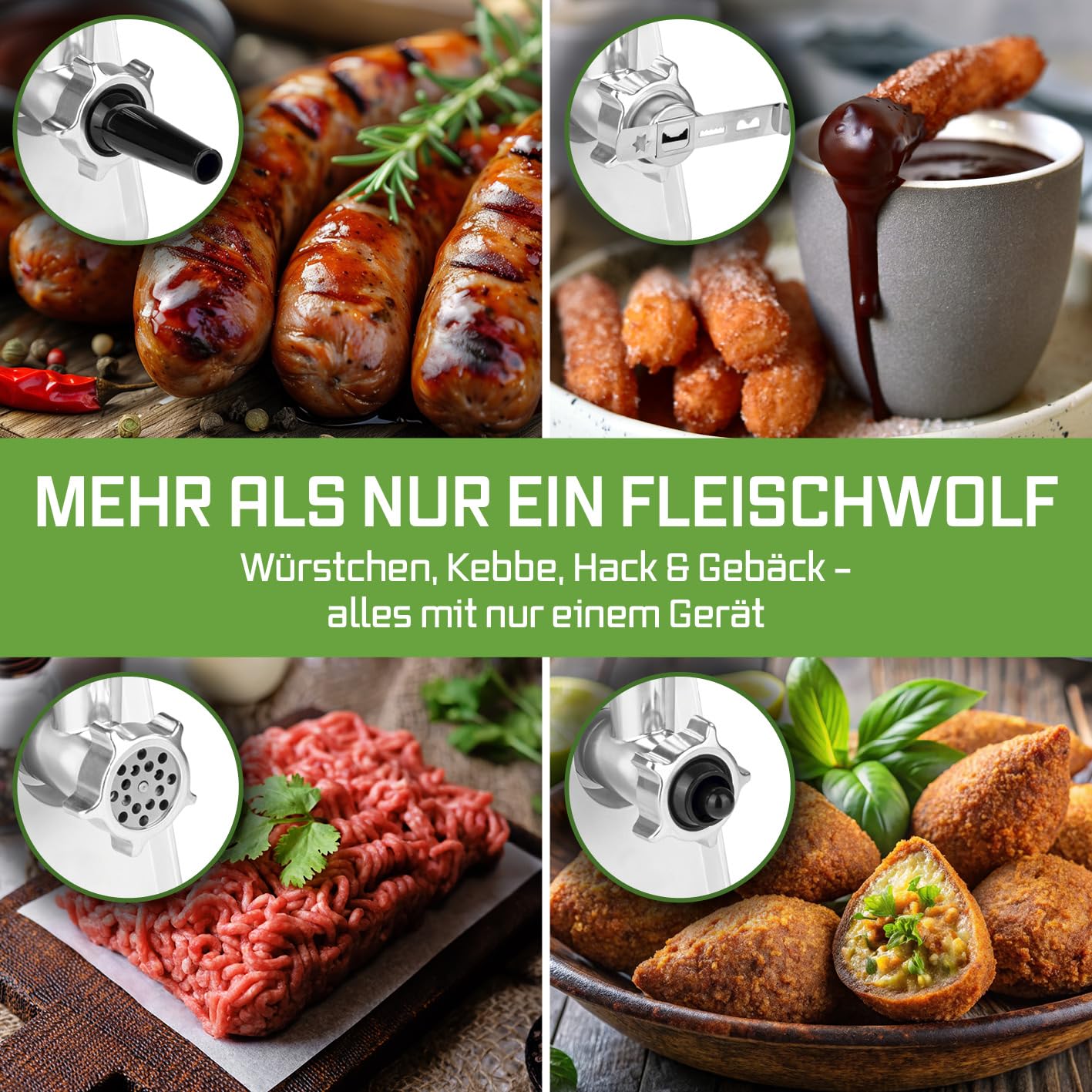 KOCHWERK elektrischer Fleischwolf mit verschiedenen Aufsätzen | verarbeitet bis zu 2000g/min | Hackfleisch, Kibbeh, Churros, Wurst & mehr auf Knopfdruck | leichte Bedienung und Reinigung [1600W]