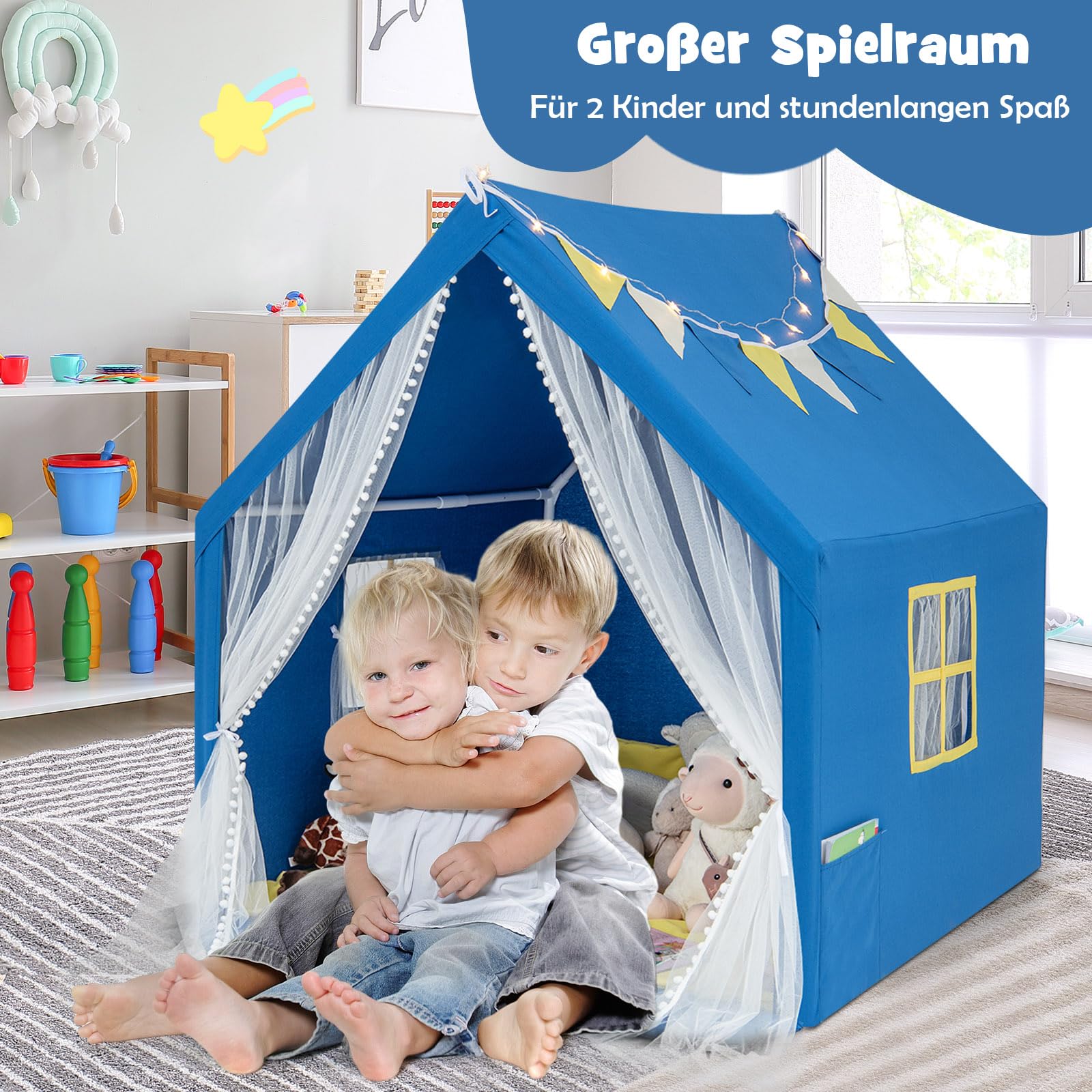 DREAMADE Kinderzelt für Drinnen mit Matte und Lichtern und Flaggenbanner, Kinder Spielhaus Indoor mit Vorhang & Fenstern, Tipi Zelt, Spielzelt für Jungen und Mädchen 121 x 105 x 125 cm (Blau)