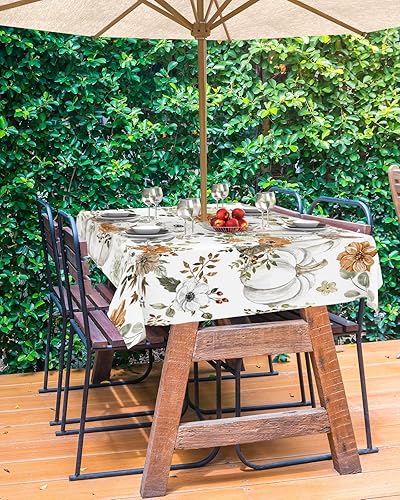 Miniatura 10 de Manteles de otoño para exteriores con agujero para paraguas y cremallera, diseño de calabaza gris, hojas de arce, impermeables, resistentes a las