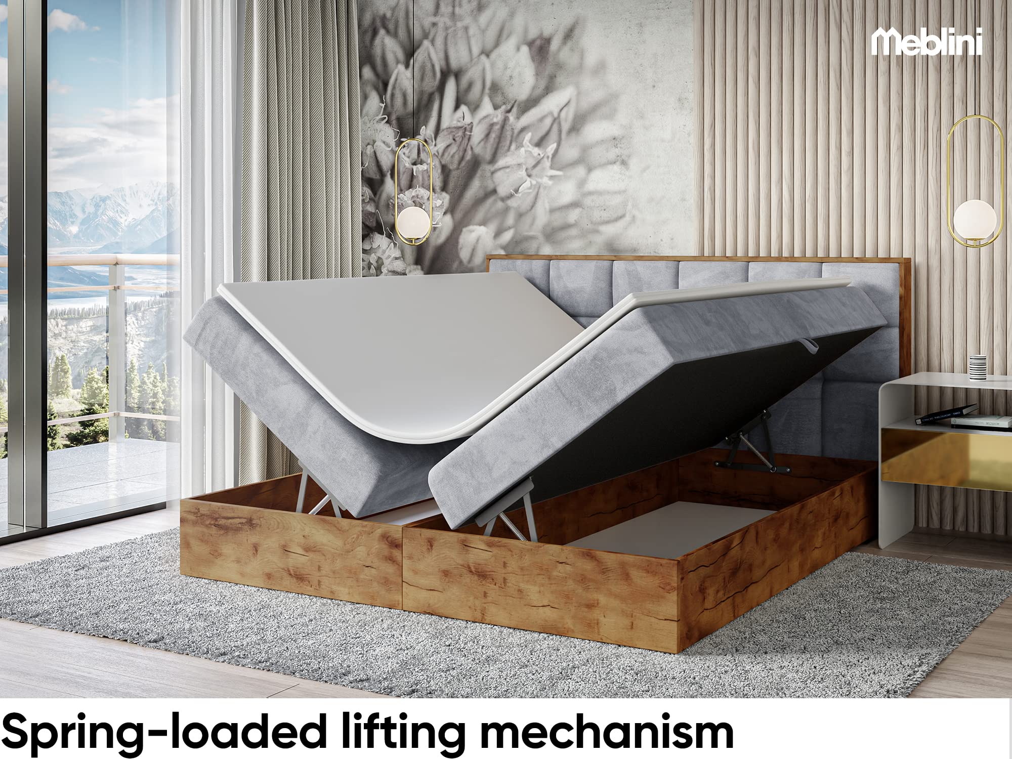 MEBLINI Boxspringbett mit Bettkasten - Gepolstert Doppelbett mit Matratze und Topper - Polsterbett mit Stauraum - Bett mit Kopfteil - Stauraumbett - Lofty 1-160x220 - H4/Hellgrau Samt