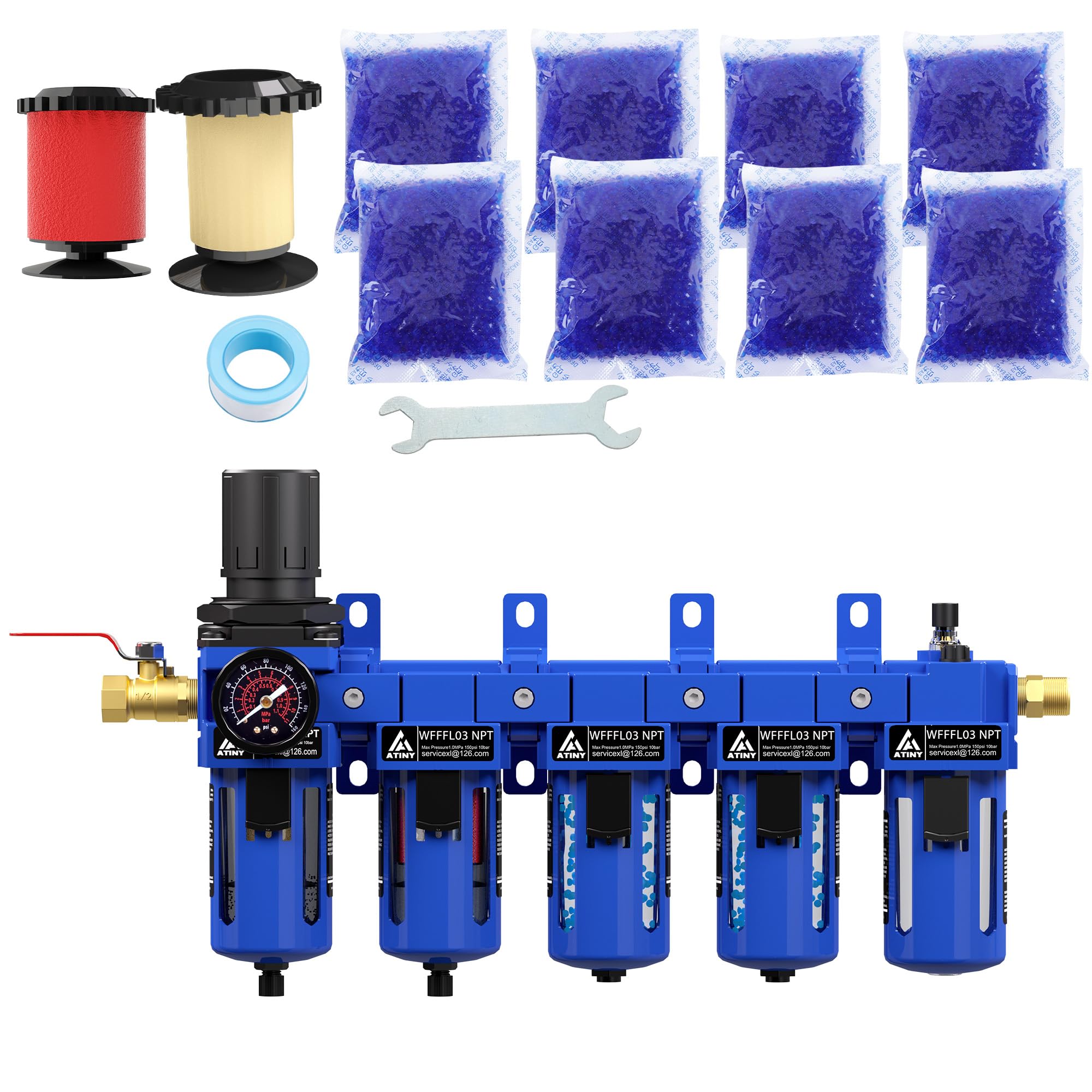 Combo de regulador de filtro de aire de 5 etapas NPT de 3/8 pulgadas, regulador de aire y separador de agua, separador de agua para compresor de aire, azul